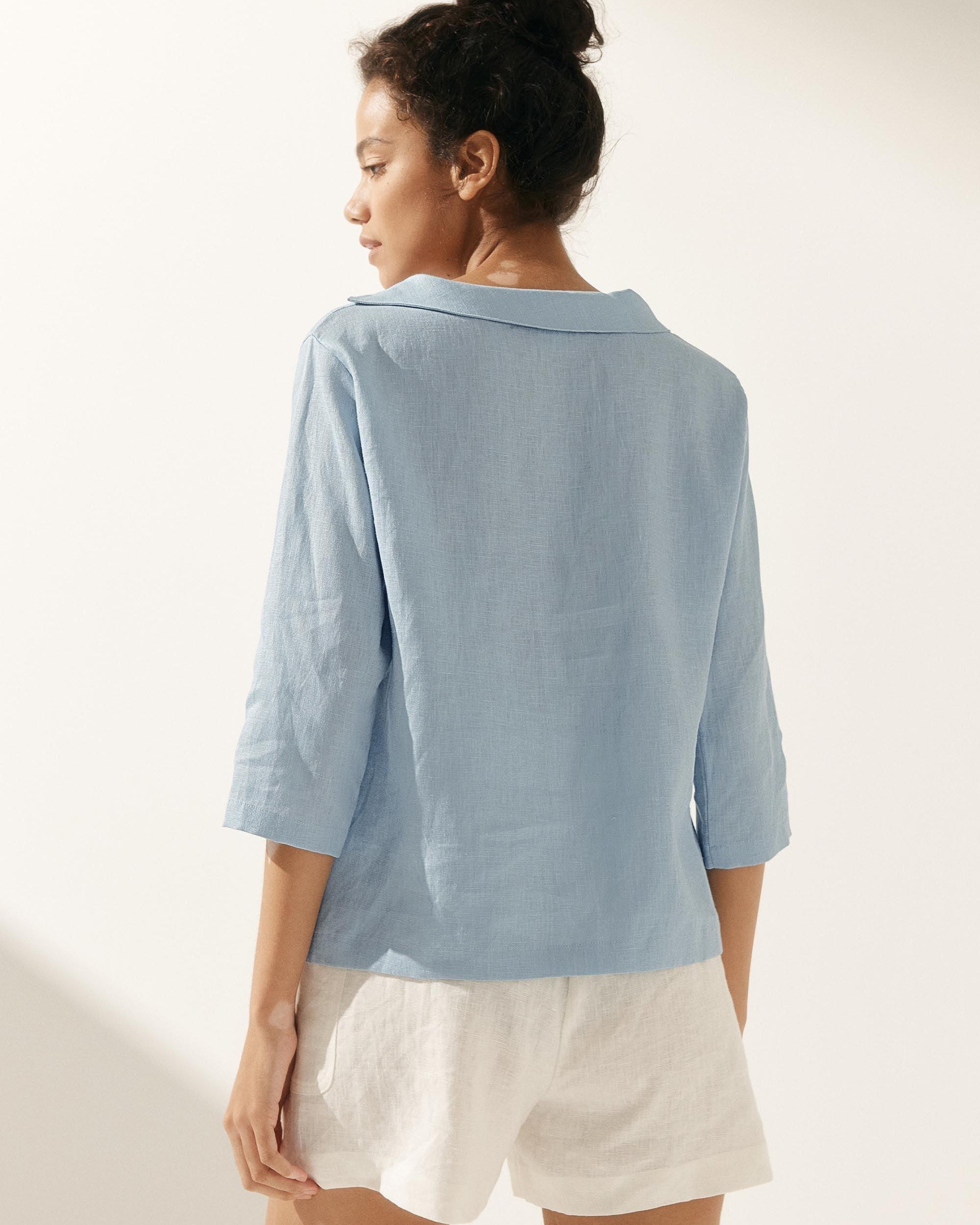 Linen Gingham Checked Round Soft-Fold Collar Top - TOPS-Linen Blouses
