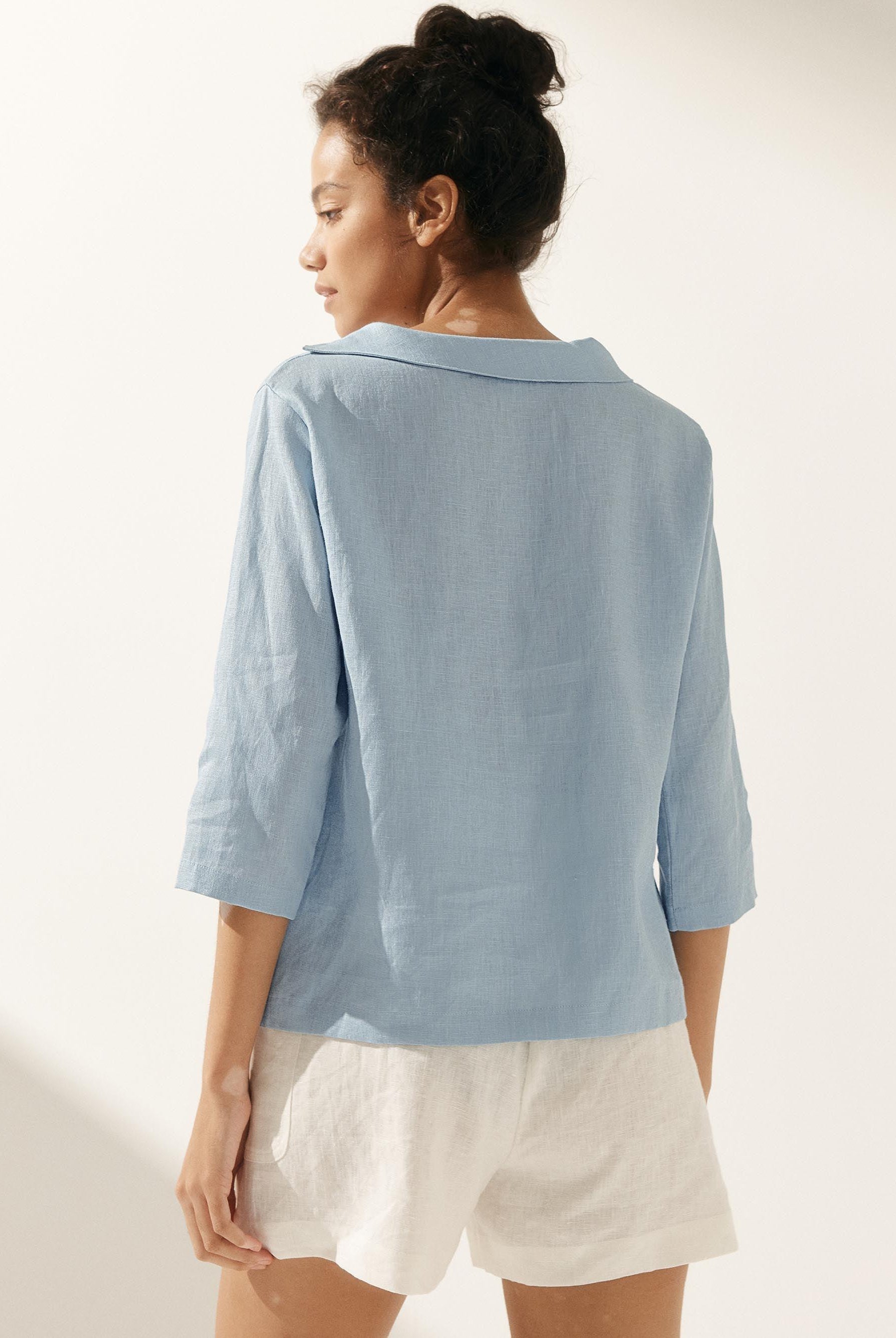 Linen Gingham Checked Round Soft-Fold Collar Top - TOPS-Linen Blouses
