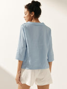 Linen Gingham Checked Round Soft-Fold Collar Top - TOPS-Linen Blouses