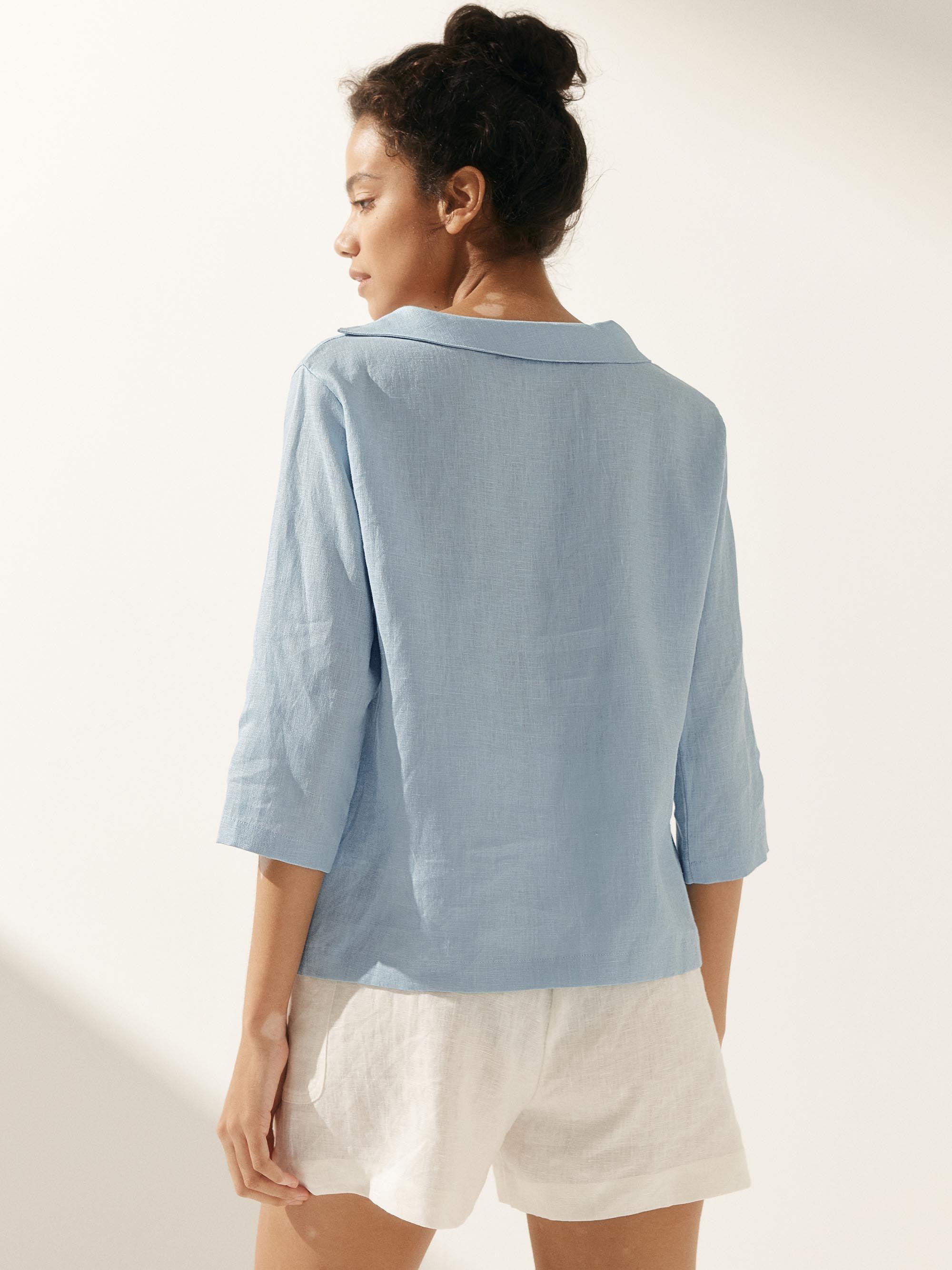 Linen Gingham Checked Round Soft-Fold Collar Top - TOPS-Linen Blouses