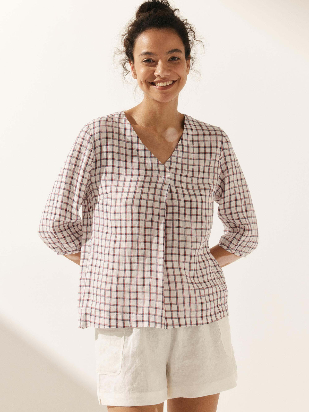 100% Linen Gingham Checked Puff Sleeves Top - Highland Check / S - TOPS-Linen Blouses