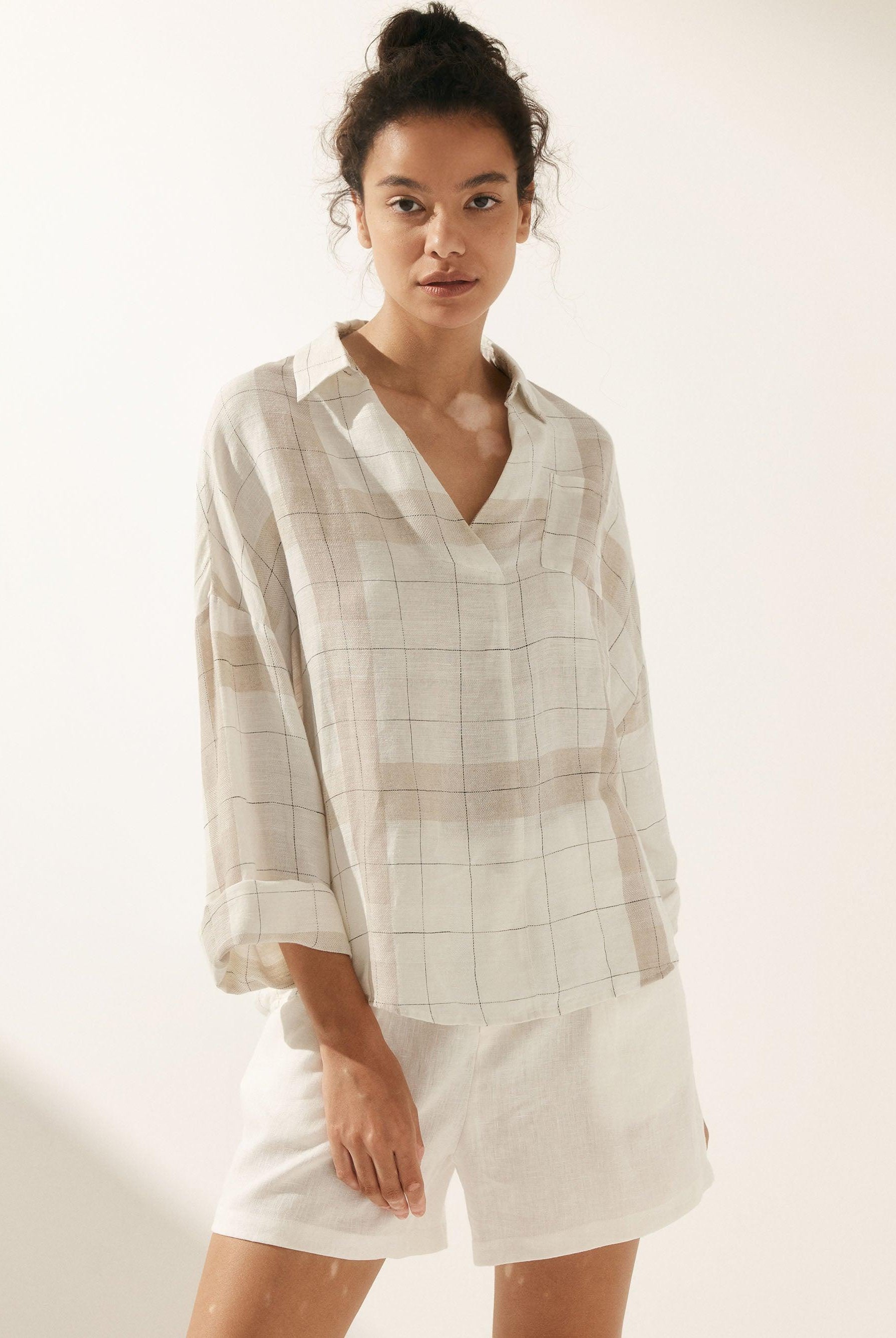 Linen Oversized Fit Pocket Shirt ELOWEN - TOPS-Linen Blouses