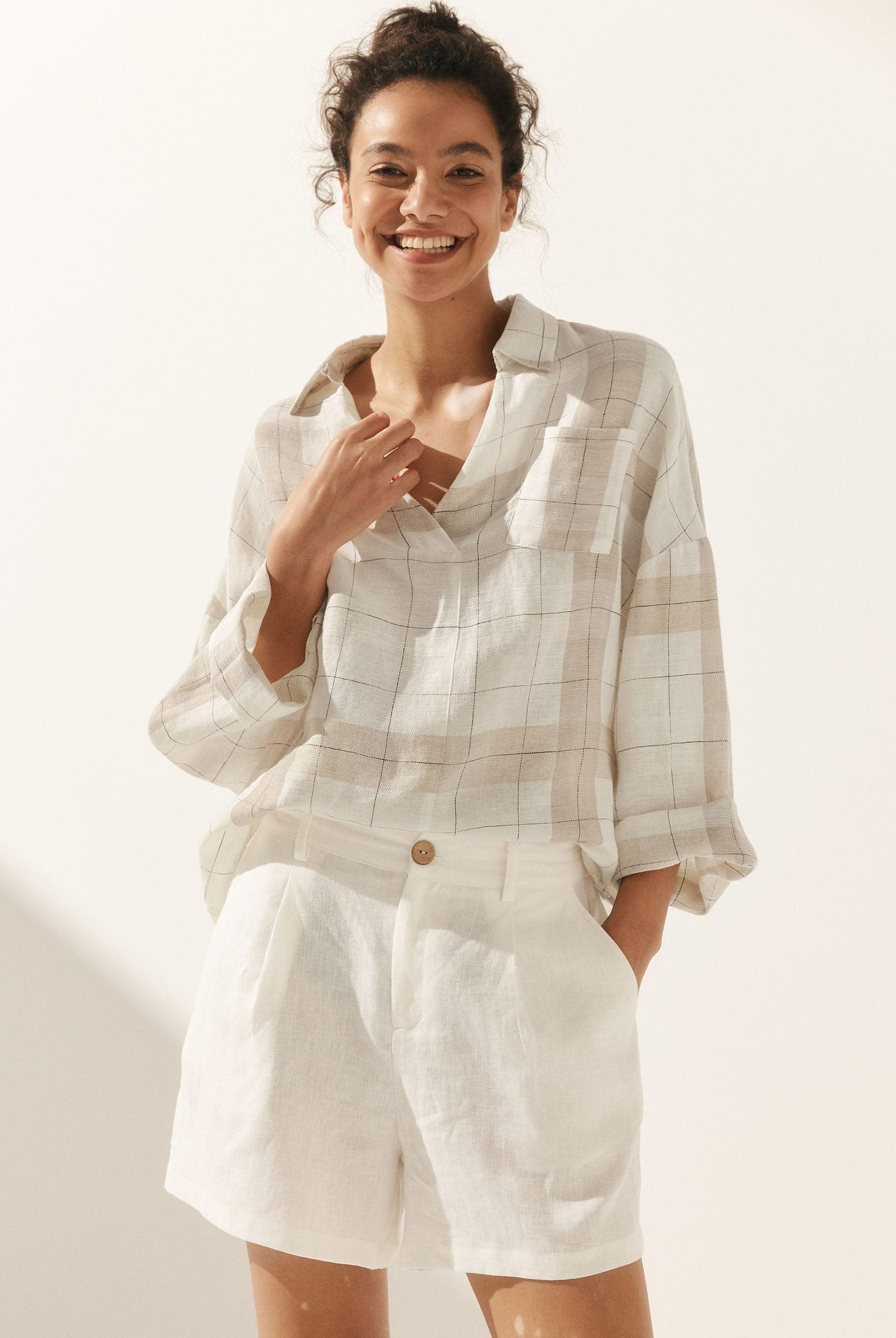 Linen Plaid Oversized Fit Pocket Shirt - Tan Beige / S - TOPS-Linen Blouses