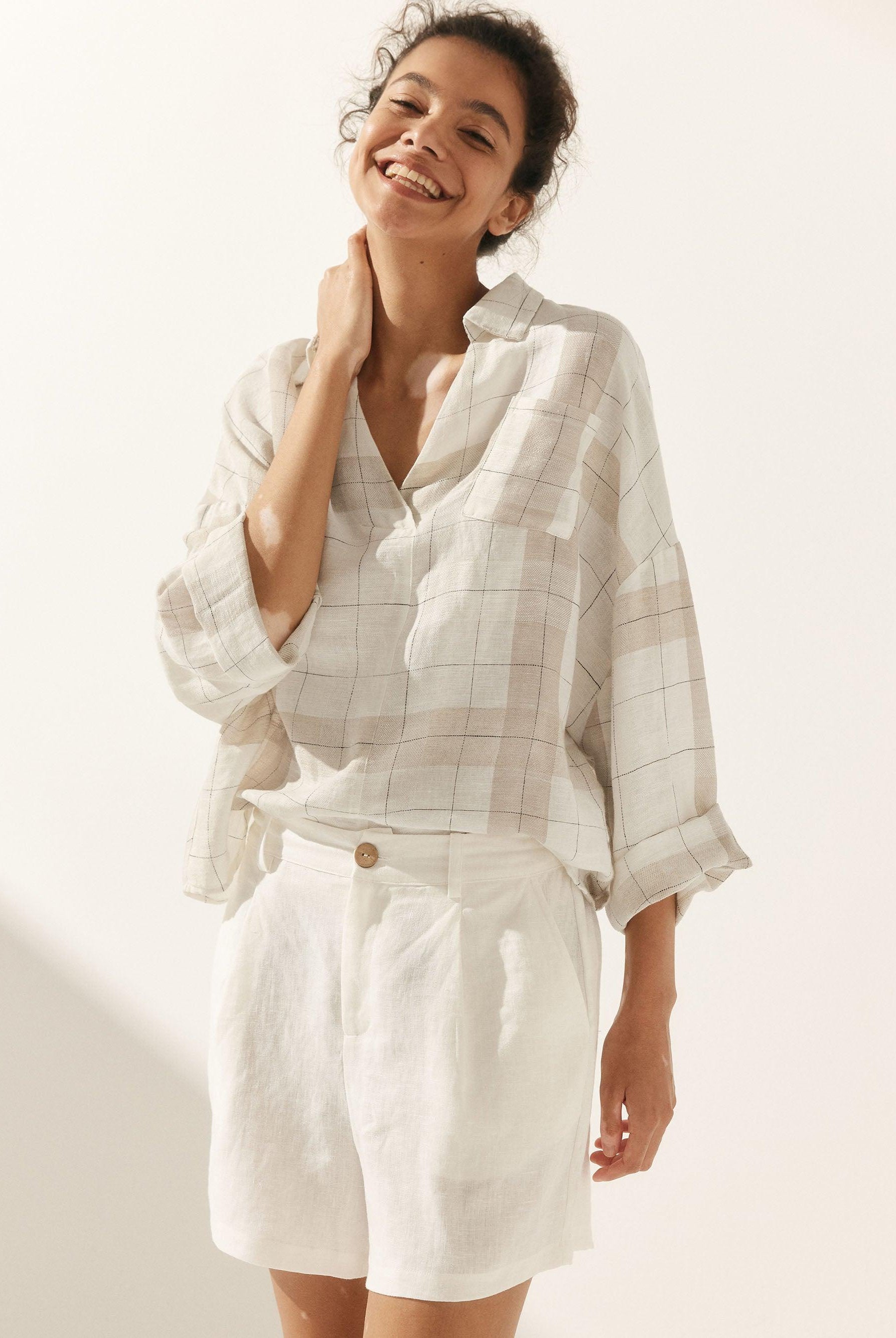 Linen Plaid Oversized Fit Pocket Shirt - TOPS-Linen Blouses