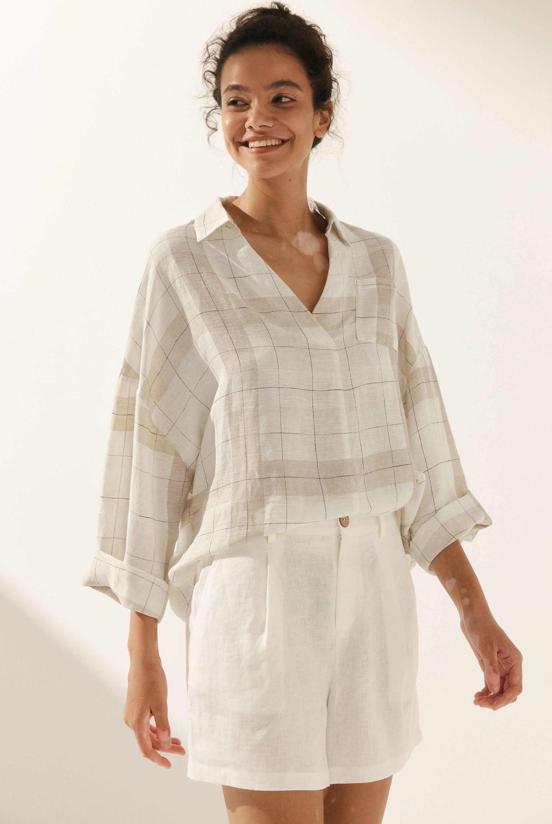 Linen Plaid Oversized Fit Pocket Shirt - TOPS-Linen Blouses
