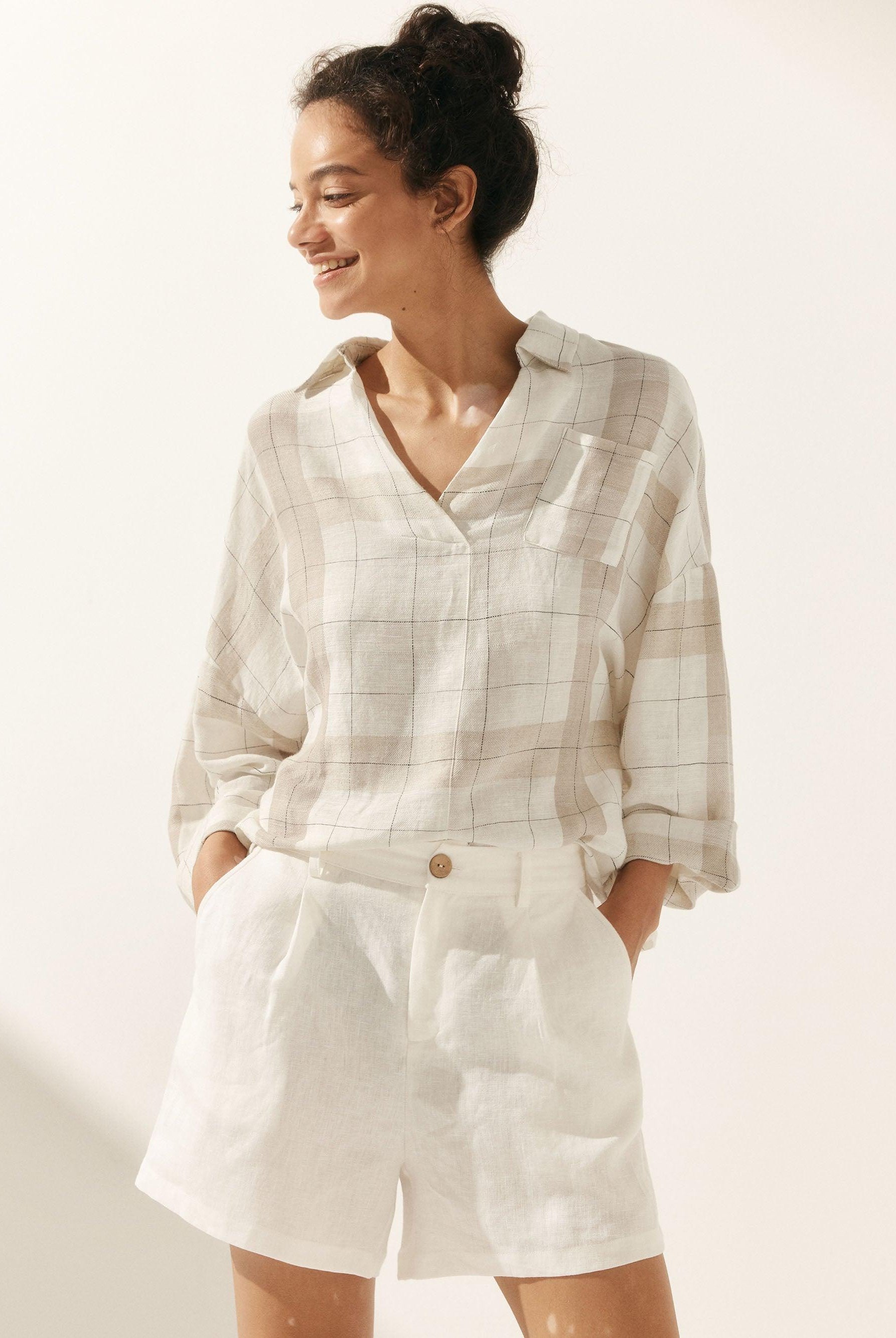 Linen Oversized Fit Pocket Shirt ELOWEN - Tan Beige / XS - TOPS-Linen Blouses