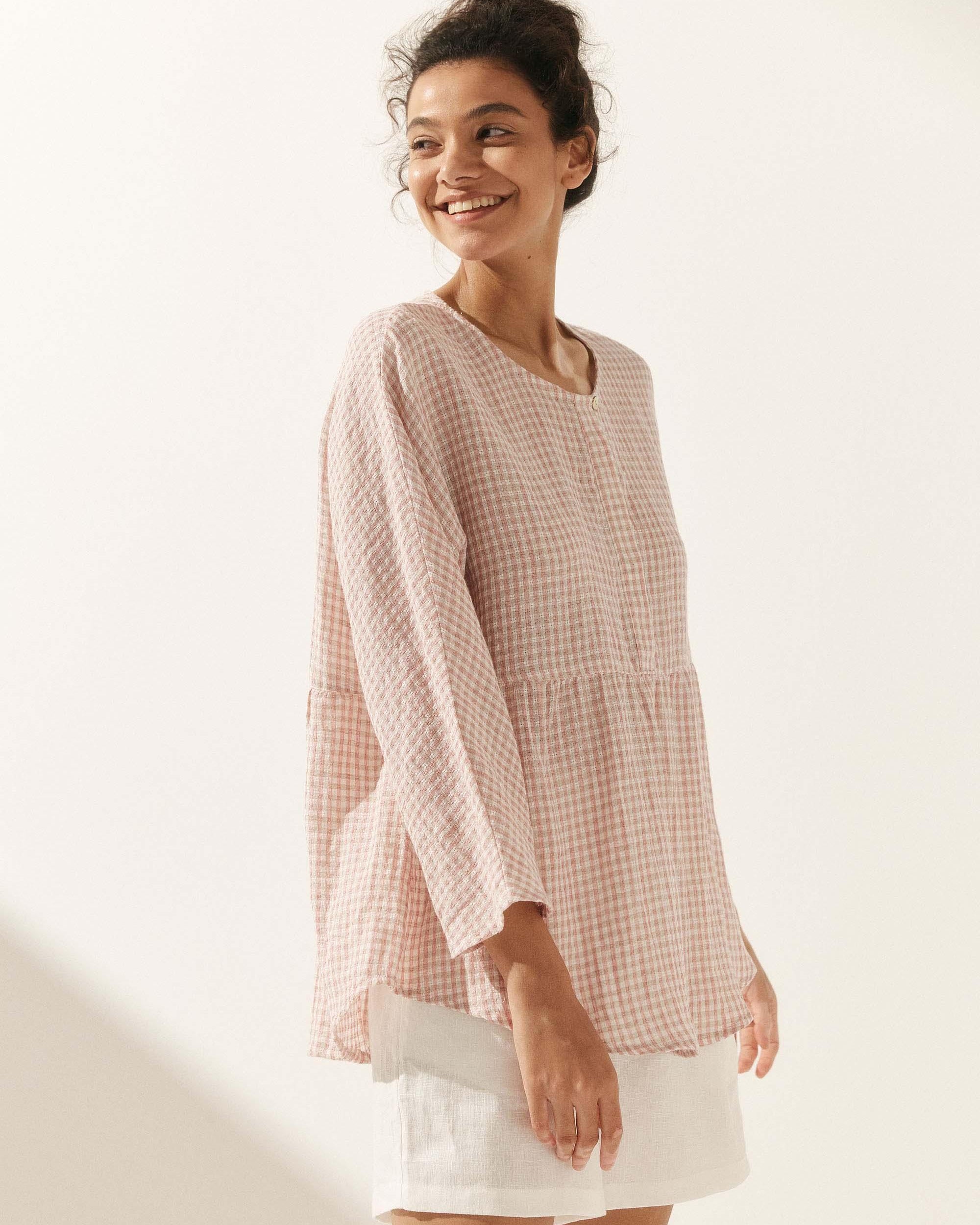 Linen Checked Long-Sleeved Top - TOPS-Linen Blouses