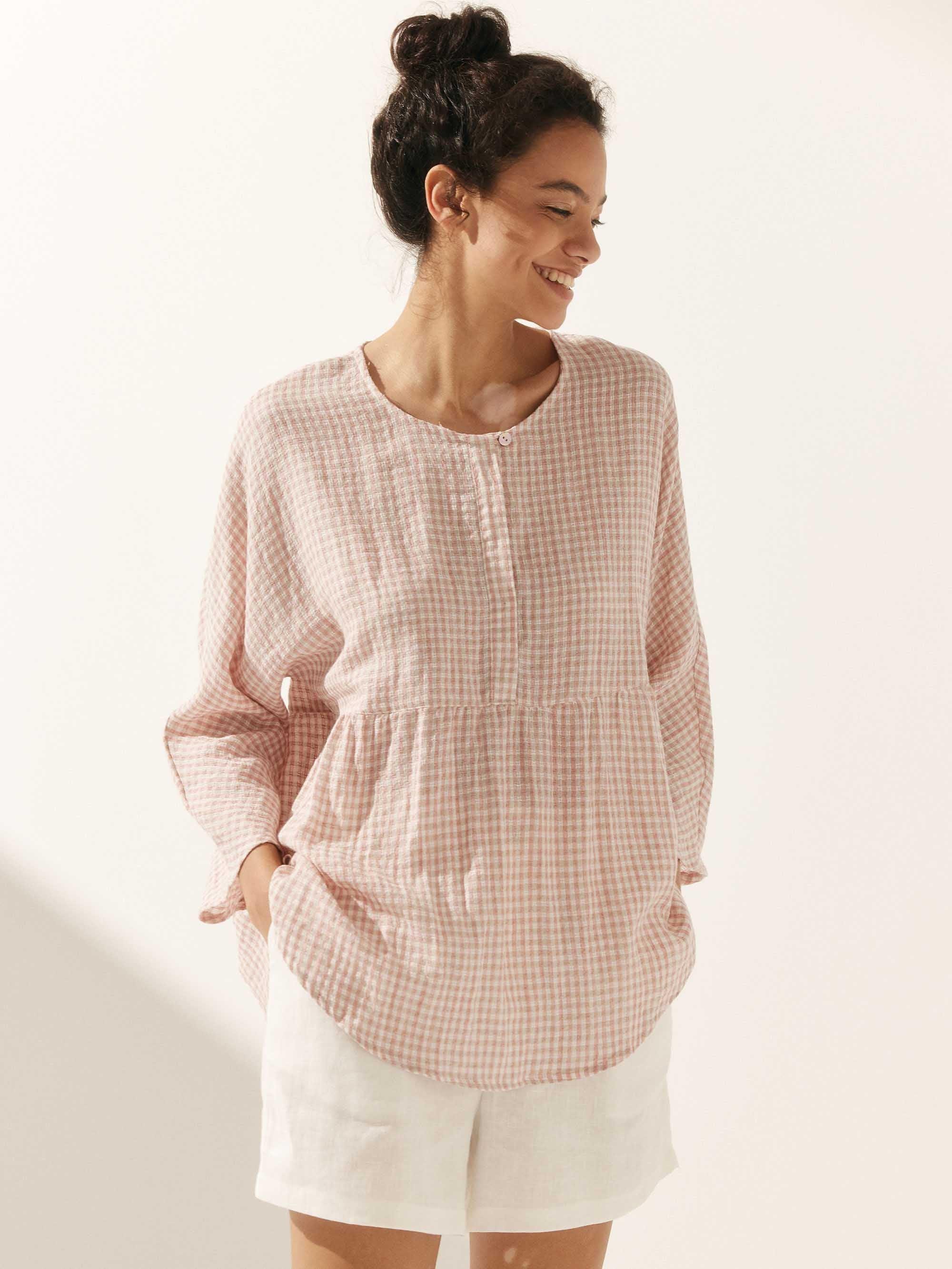Linen Checked Long-Sleeved Top - Shell Pink / S - TOPS-Linen Blouses