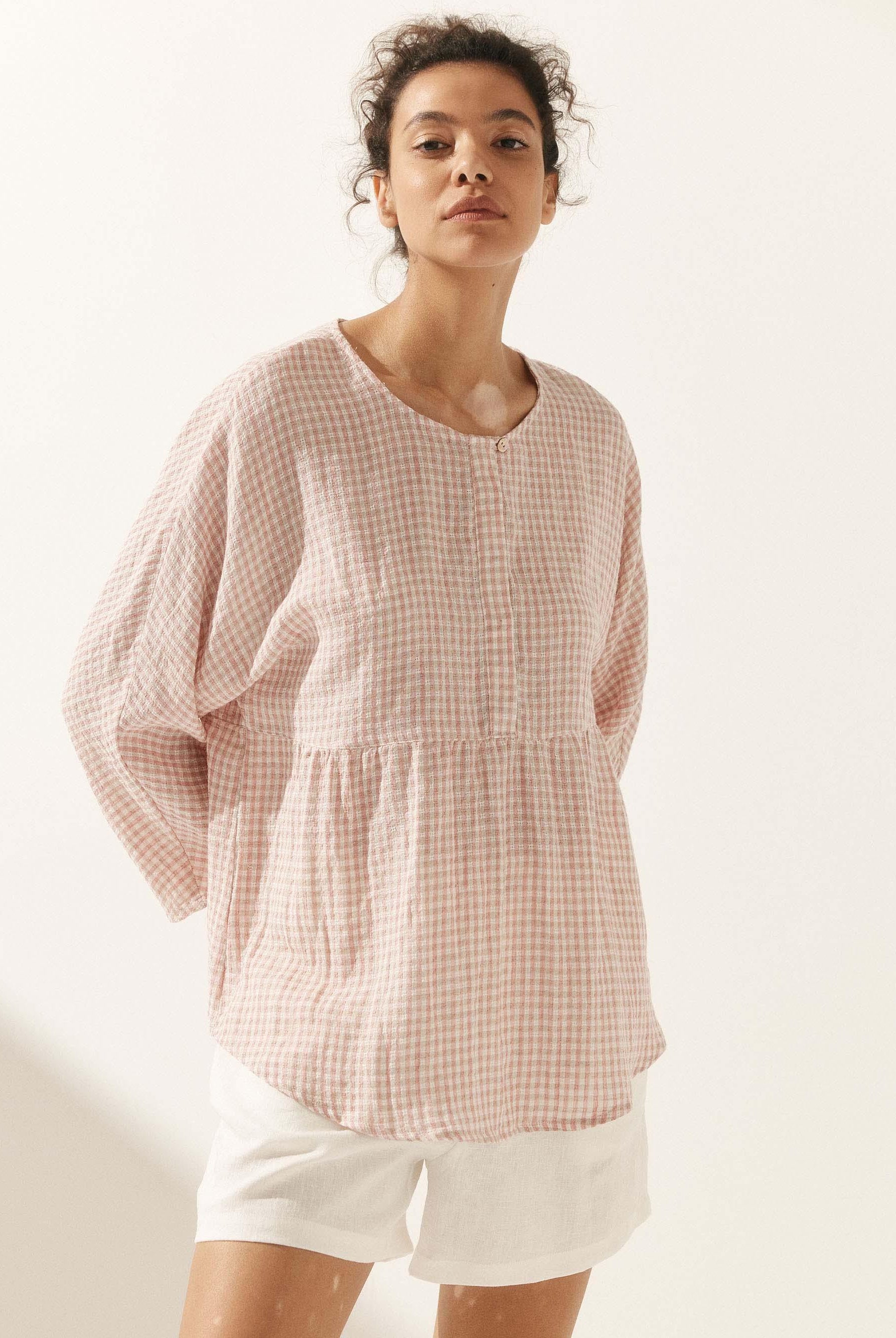 Linen Checked Long-Sleeved Top - TOPS-Linen Blouses