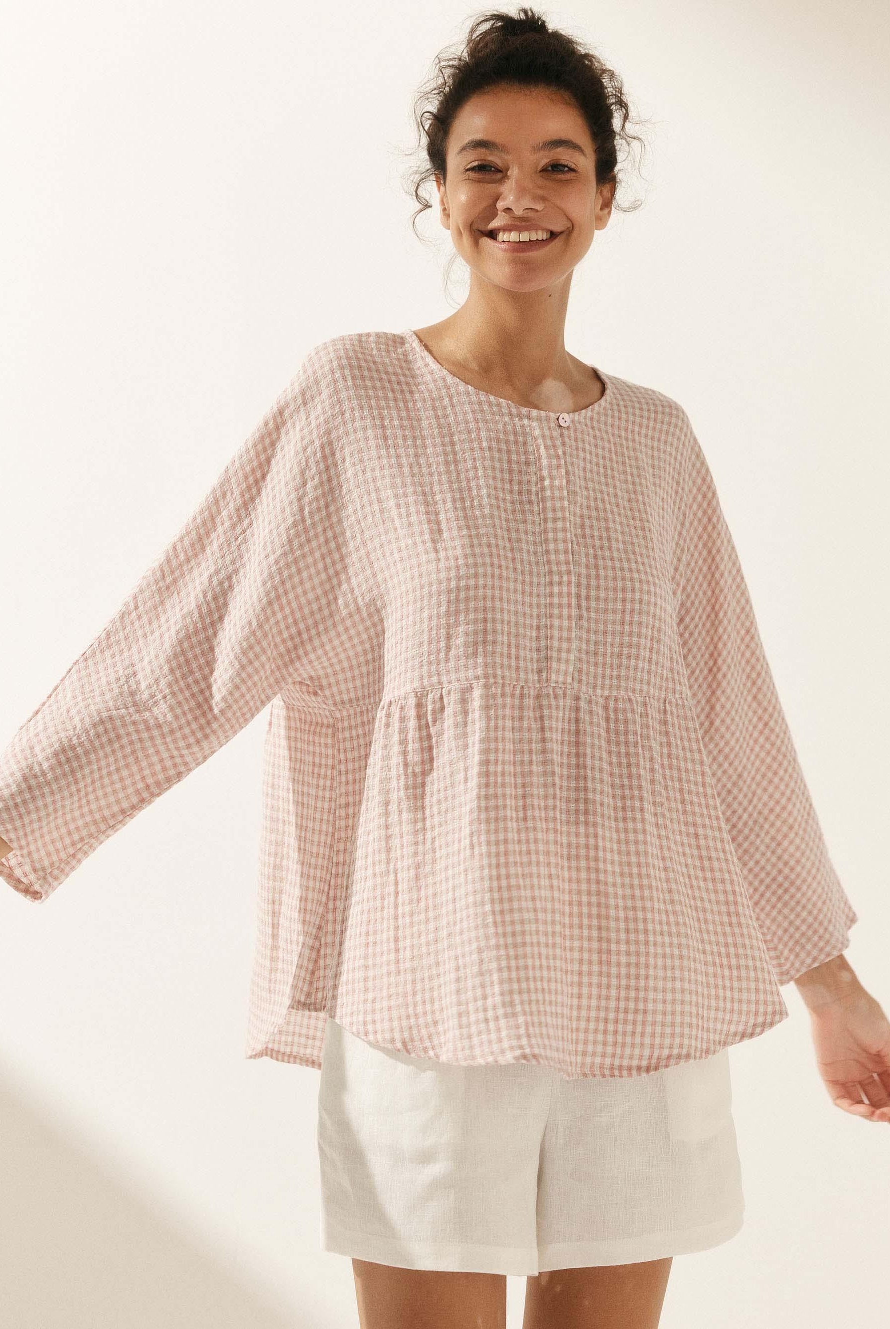 Linen Checked Long-Sleeved Top - TOPS-Linen Blouses
