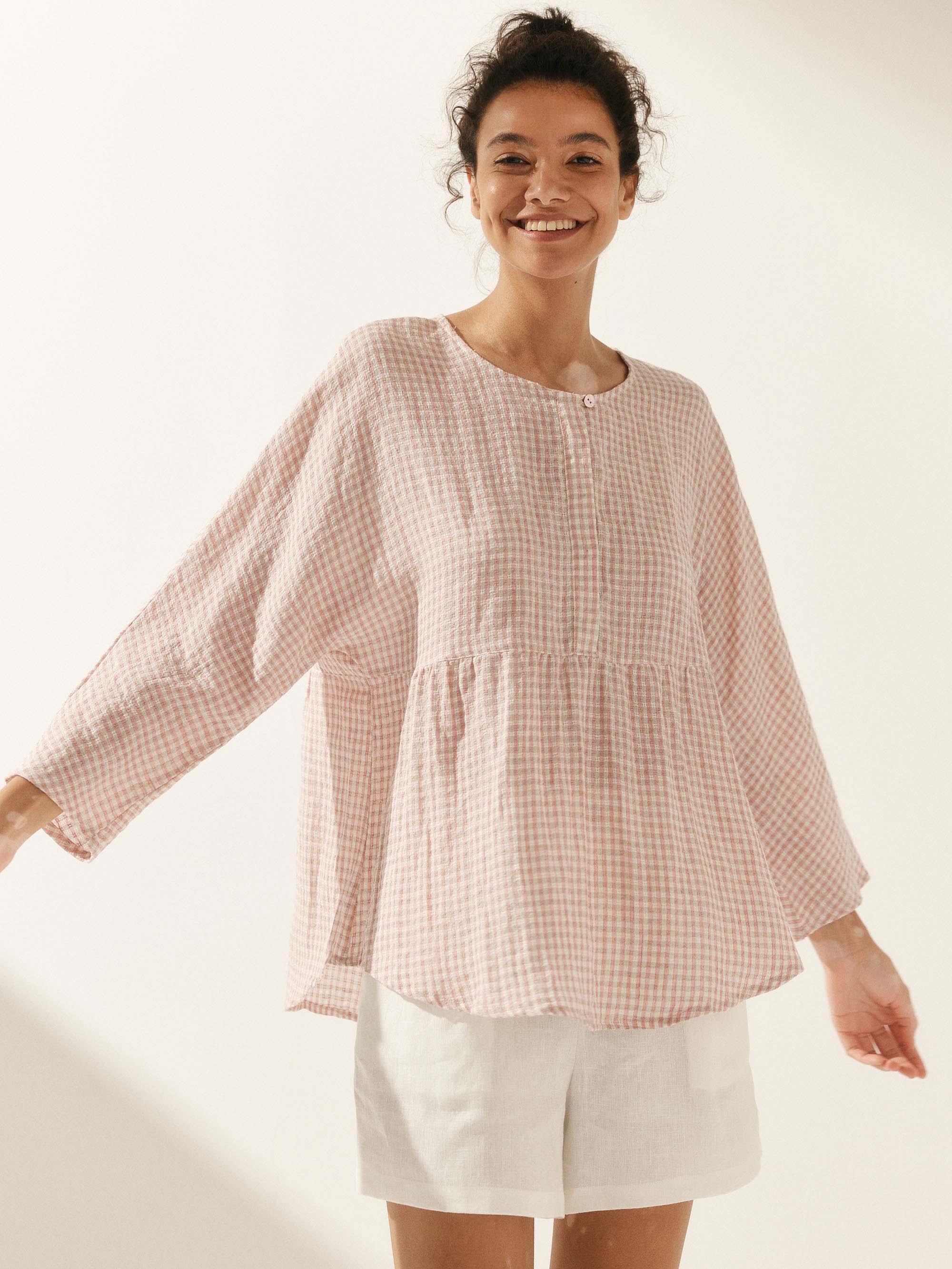 Linen Checked Long-Sleeved Top - TOPS-Linen Blouses