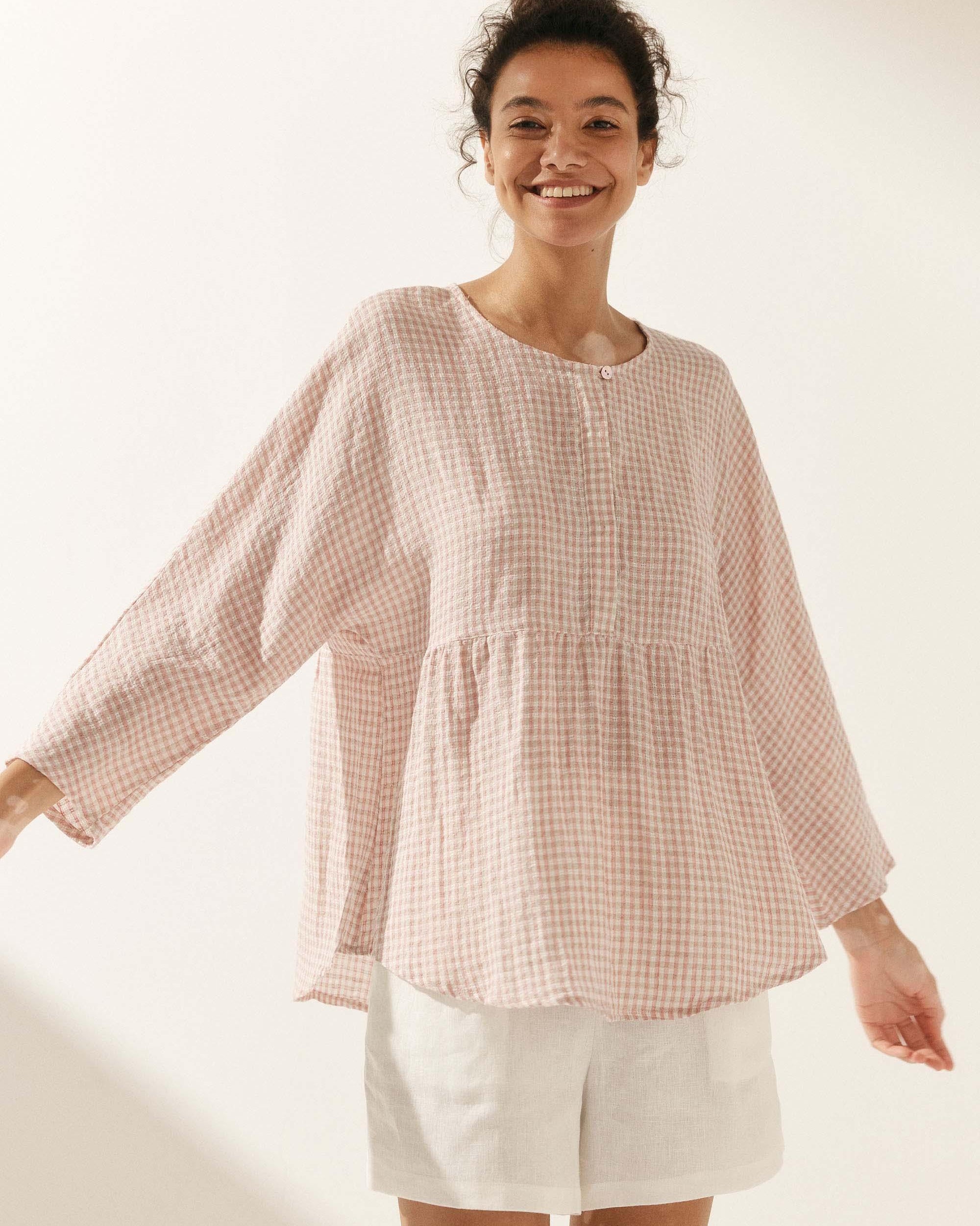 Linen Checked Long-Sleeved Top - TOPS-Linen Blouses