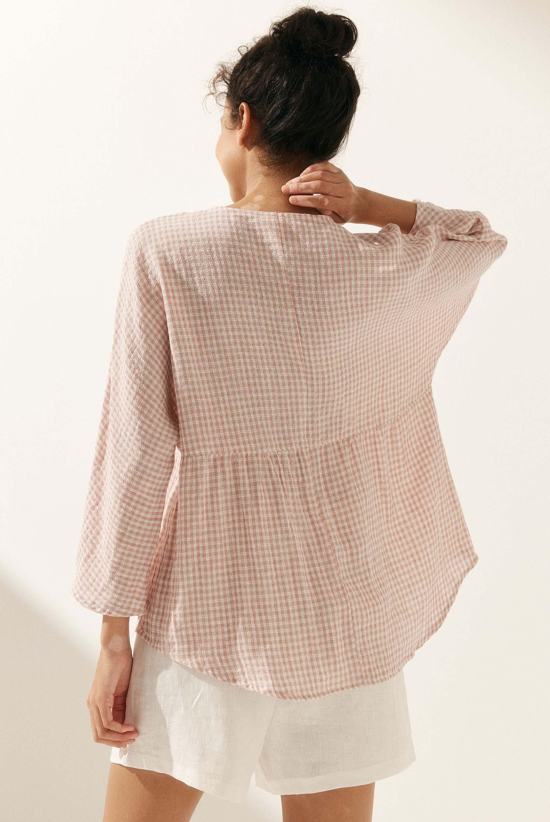 Linen Checked Long-Sleeved Top - TOPS-Linen Blouses