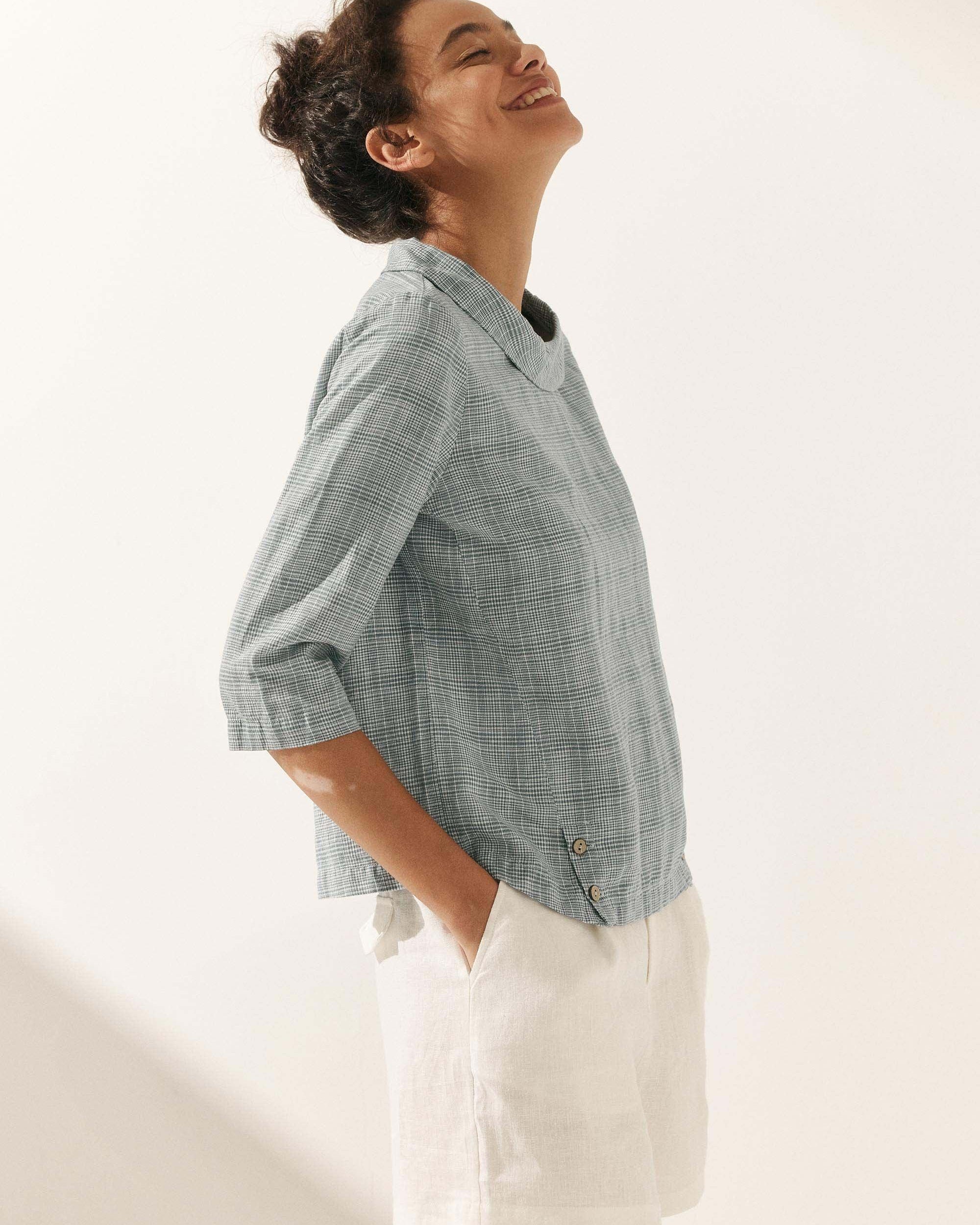 Linen Gingham Checked Round Soft-Fold Collar Top - TOPS-Linen Blouses