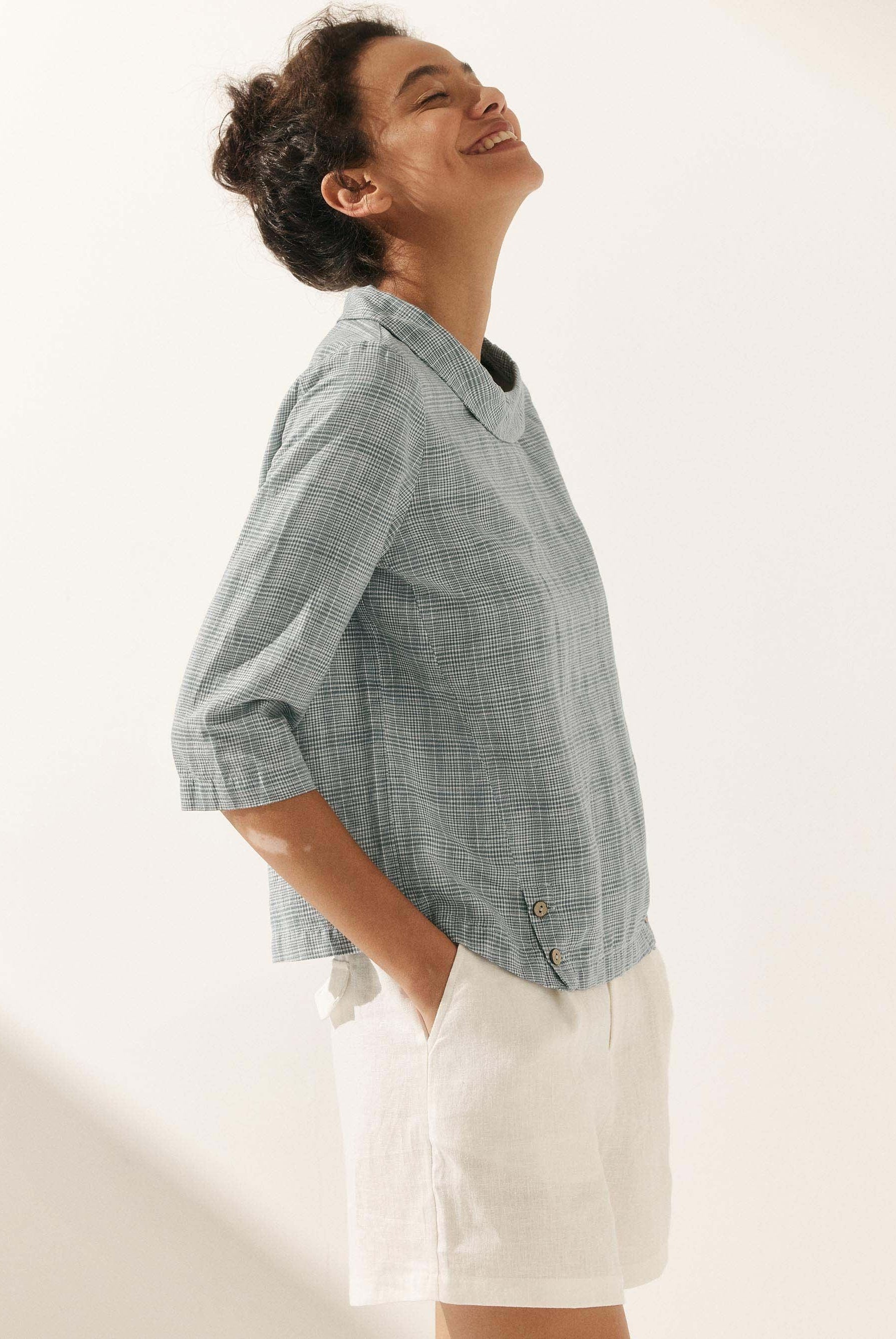 Linen Round Soft-Fold Collar Top ANAIS - TOPS-Linen Blouses