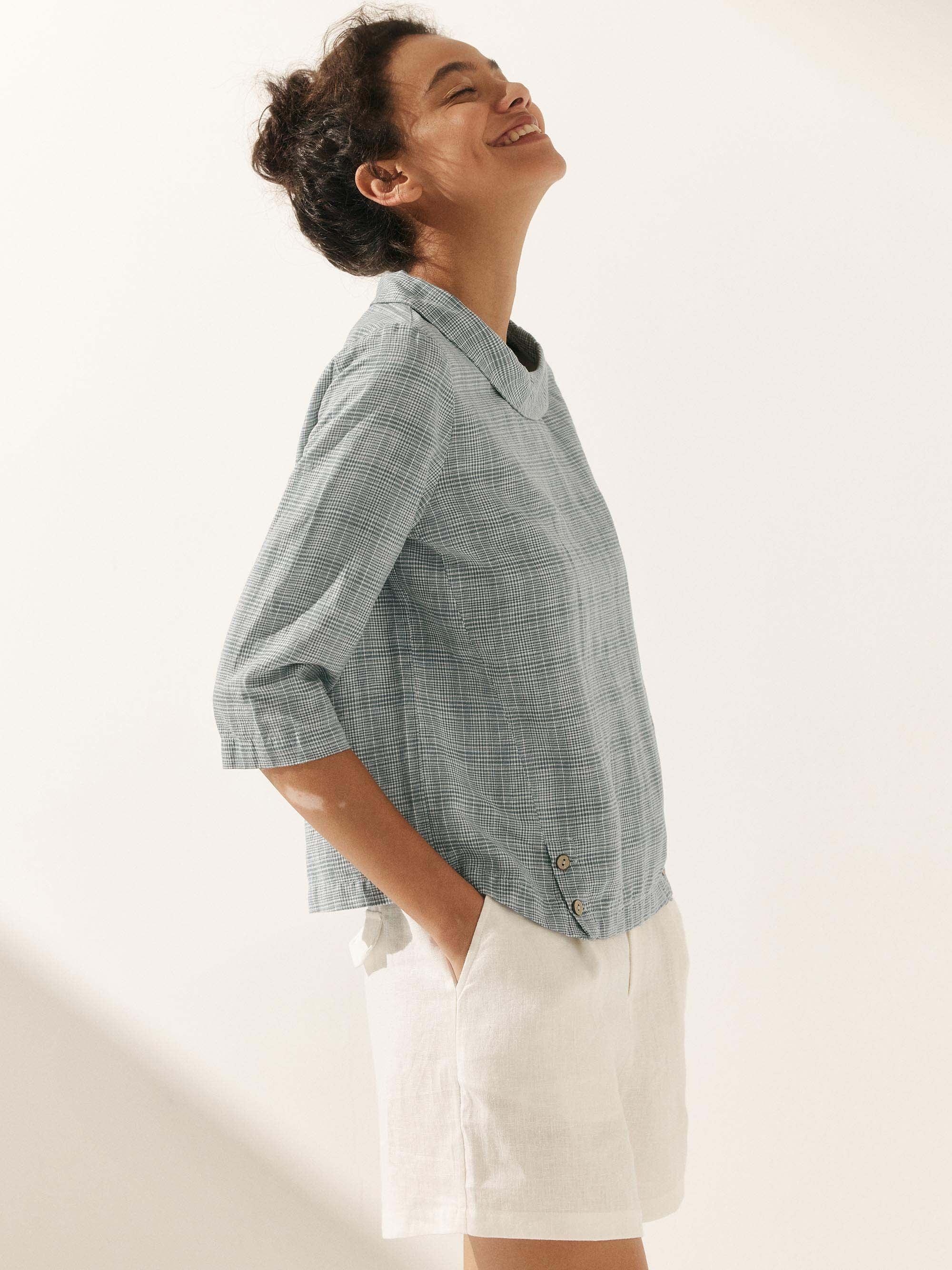 Linen Round Soft-Fold Collar Top ANAIS - TOPS-Linen Blouses