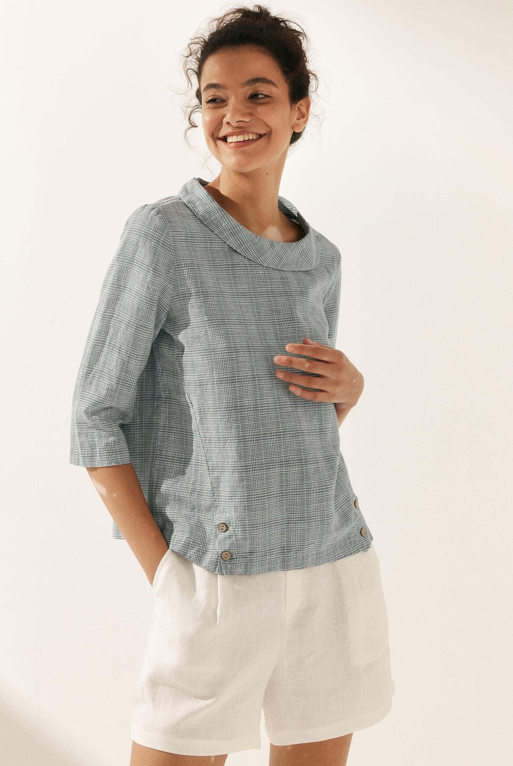 Linen Round Soft-Fold Collar Top ANAIS - TOPS-Linen Blouses
