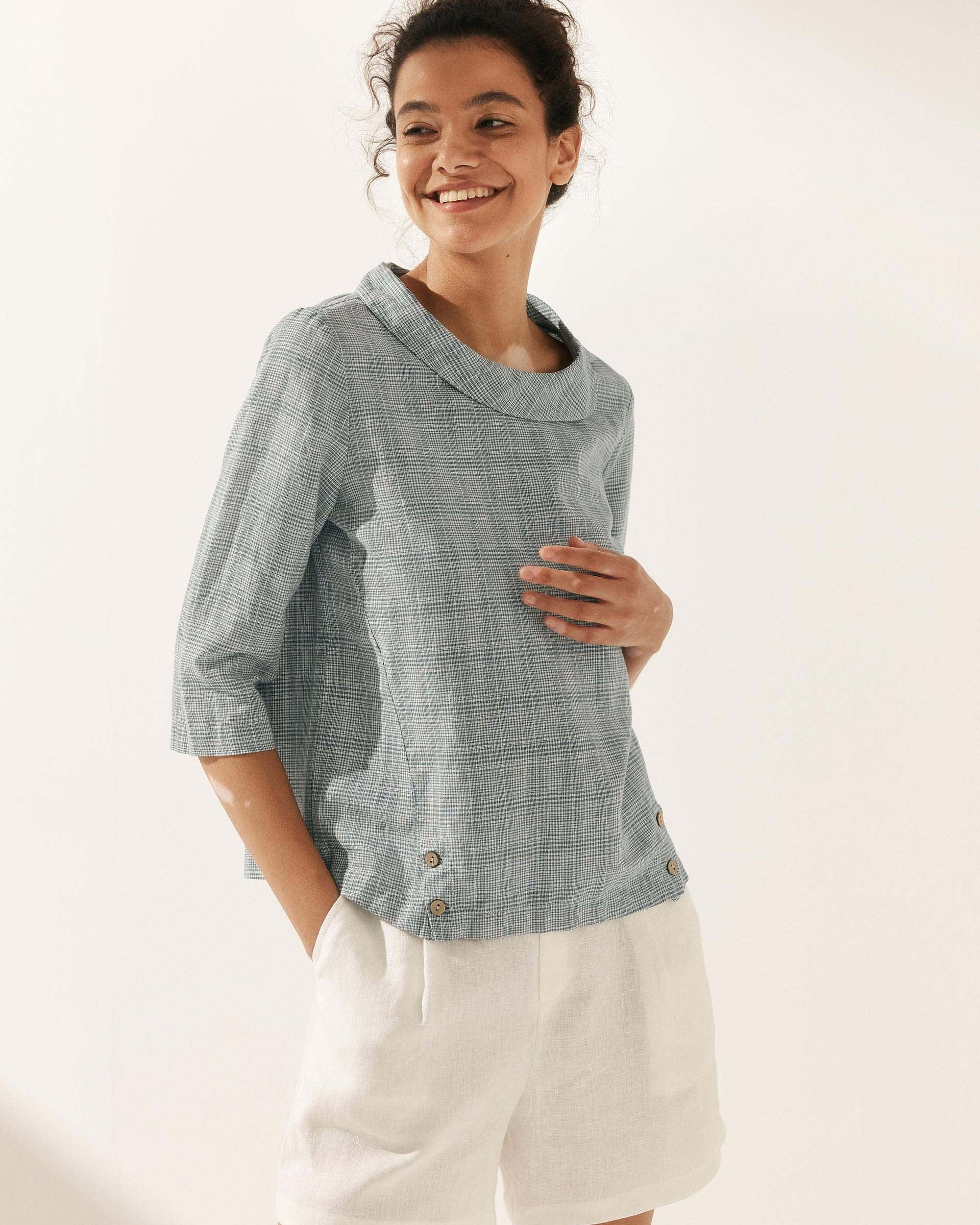 Linen Gingham Checked Round Soft-Fold Collar Top - TOPS-Linen Blouses