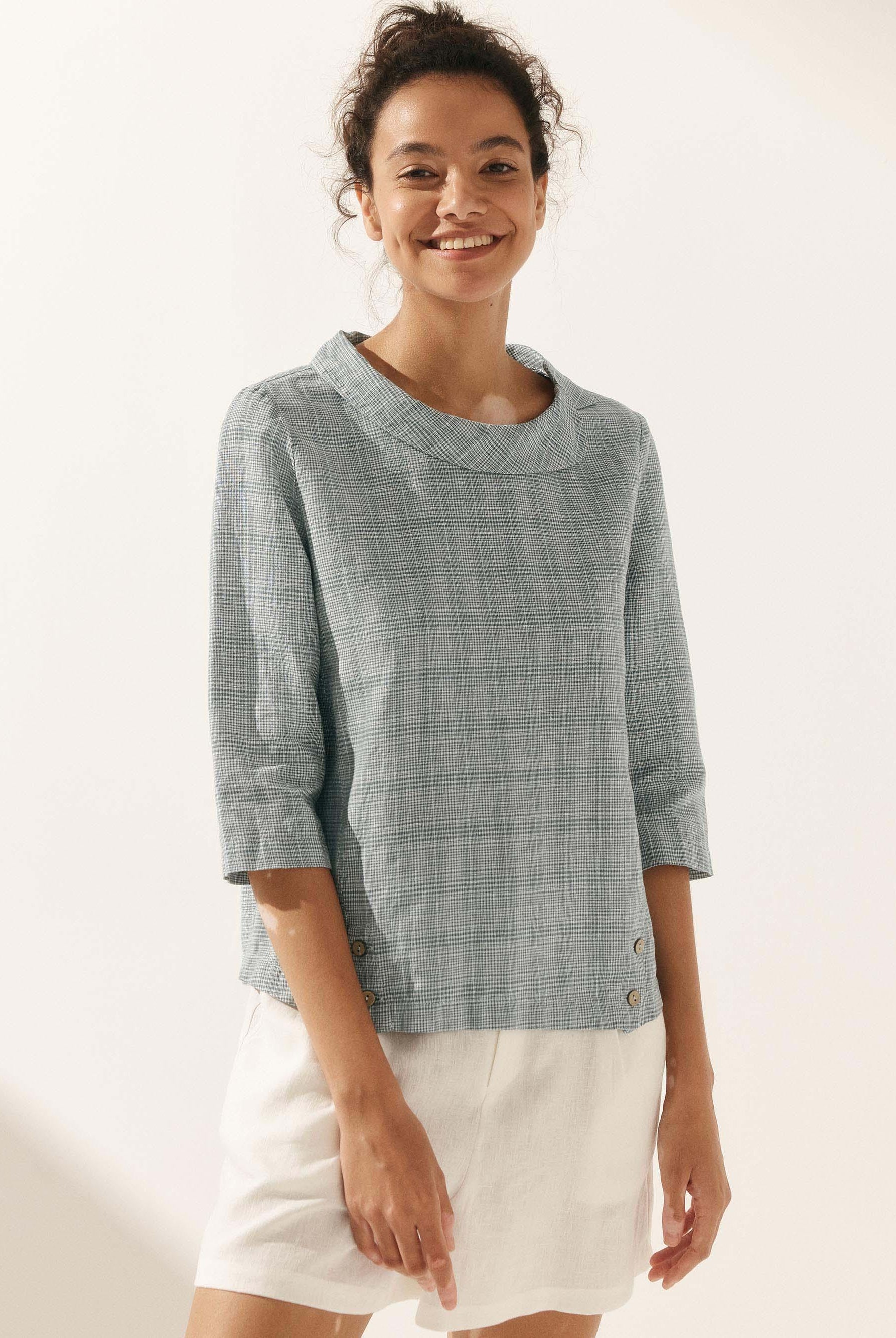 Linen Round Soft-Fold Collar Top ANAIS - TOPS-Linen Blouses