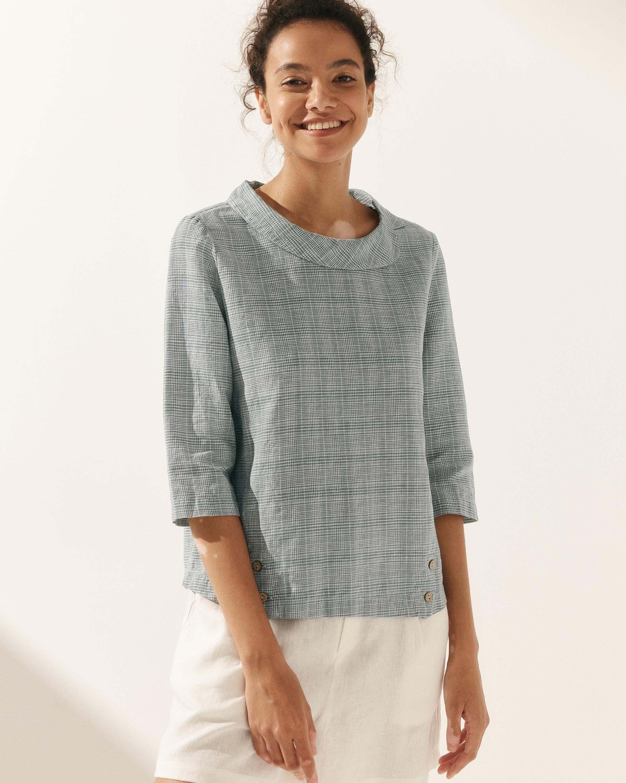 Linen Gingham Checked Round Soft-Fold Collar Top - TOPS-Linen Blouses