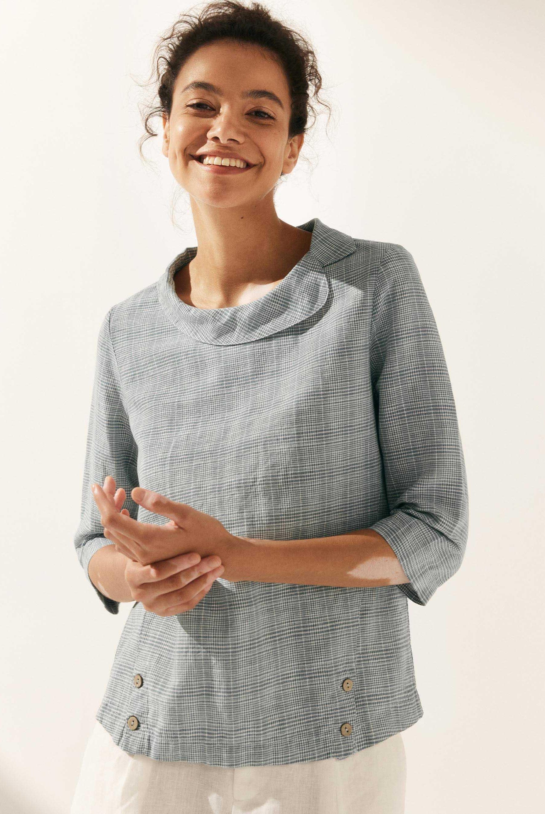 Linen Round Soft-Fold Collar Top ANAIS - Fog Grey Plaid / S - TOPS-Linen Blouses