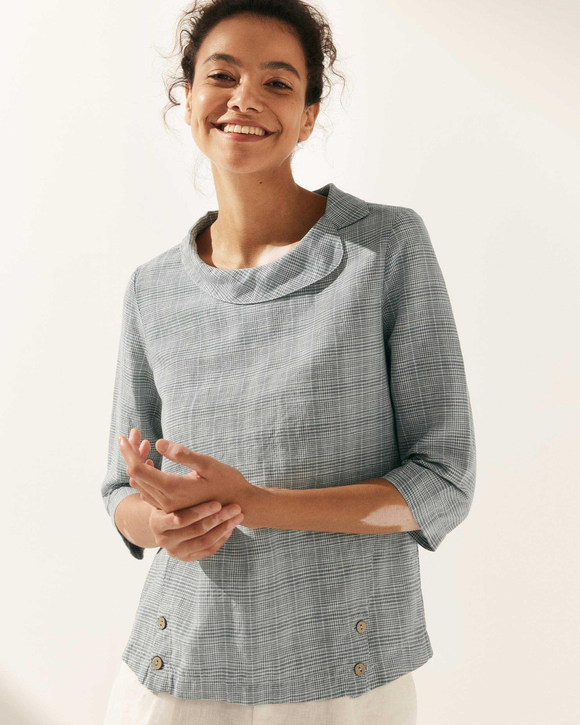 Linen Gingham Checked Round Soft-Fold Collar Top - Fog Grey Plaid / S - TOPS-Linen Blouses