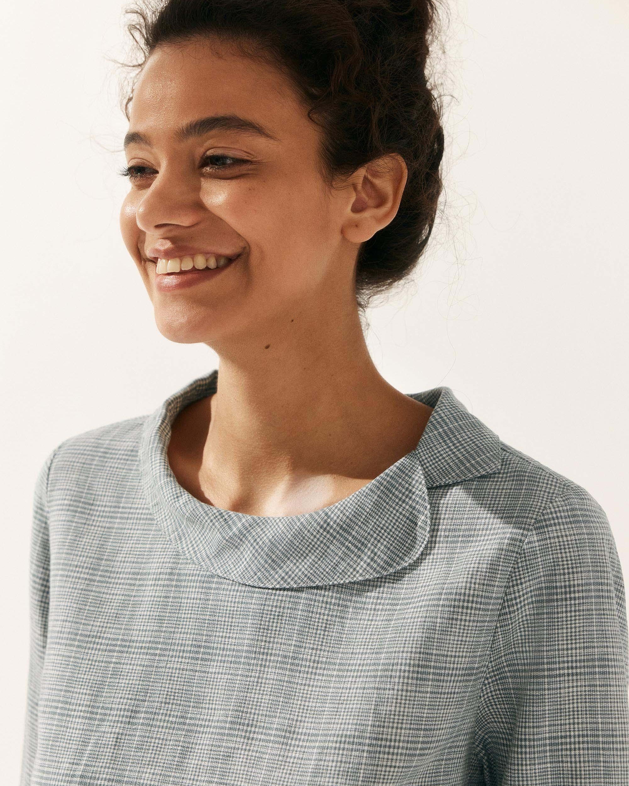 Linen Gingham Checked Round Soft-Fold Collar Top - TOPS-Linen Blouses