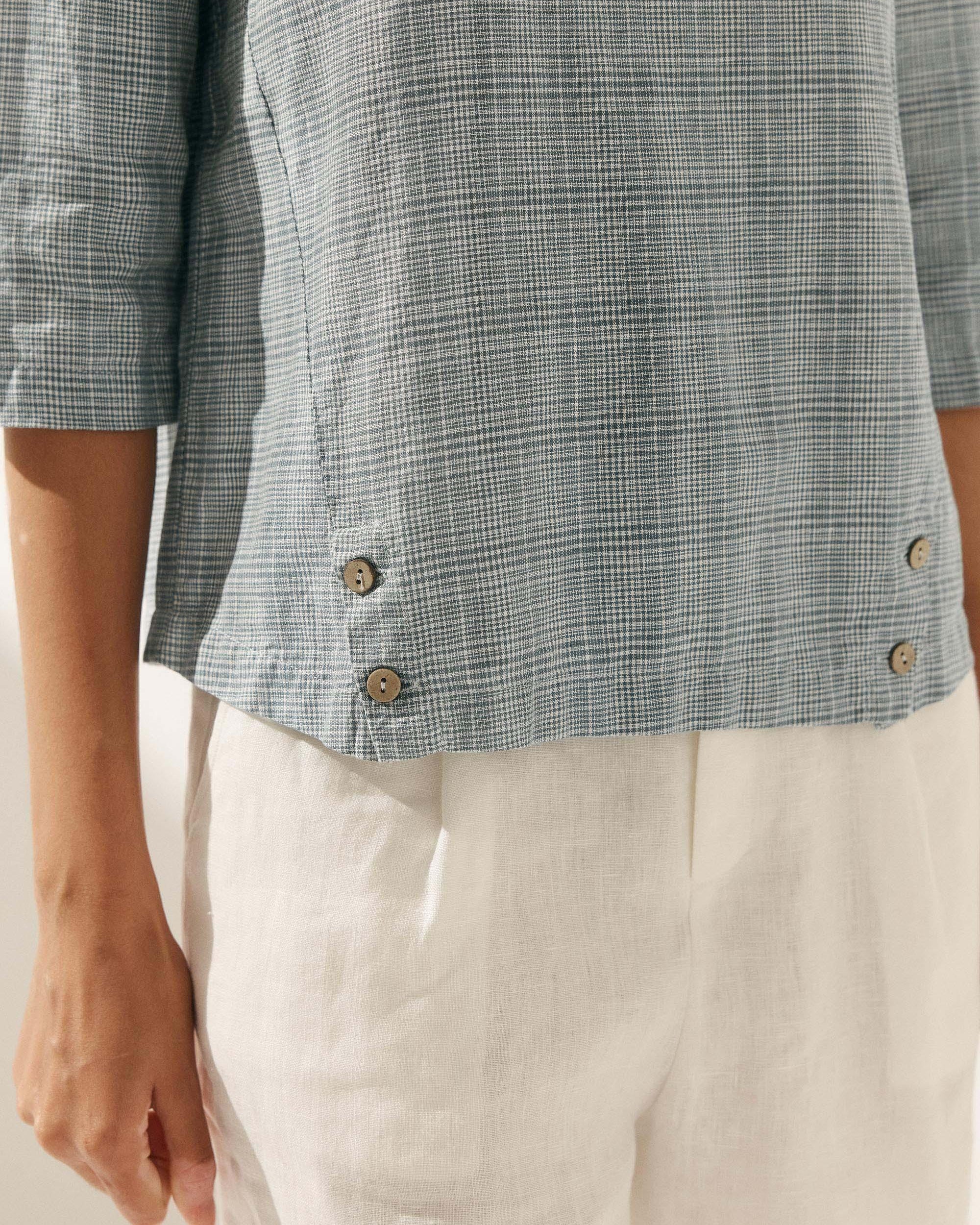 Linen Gingham Checked Round Soft-Fold Collar Top - TOPS-Linen Blouses