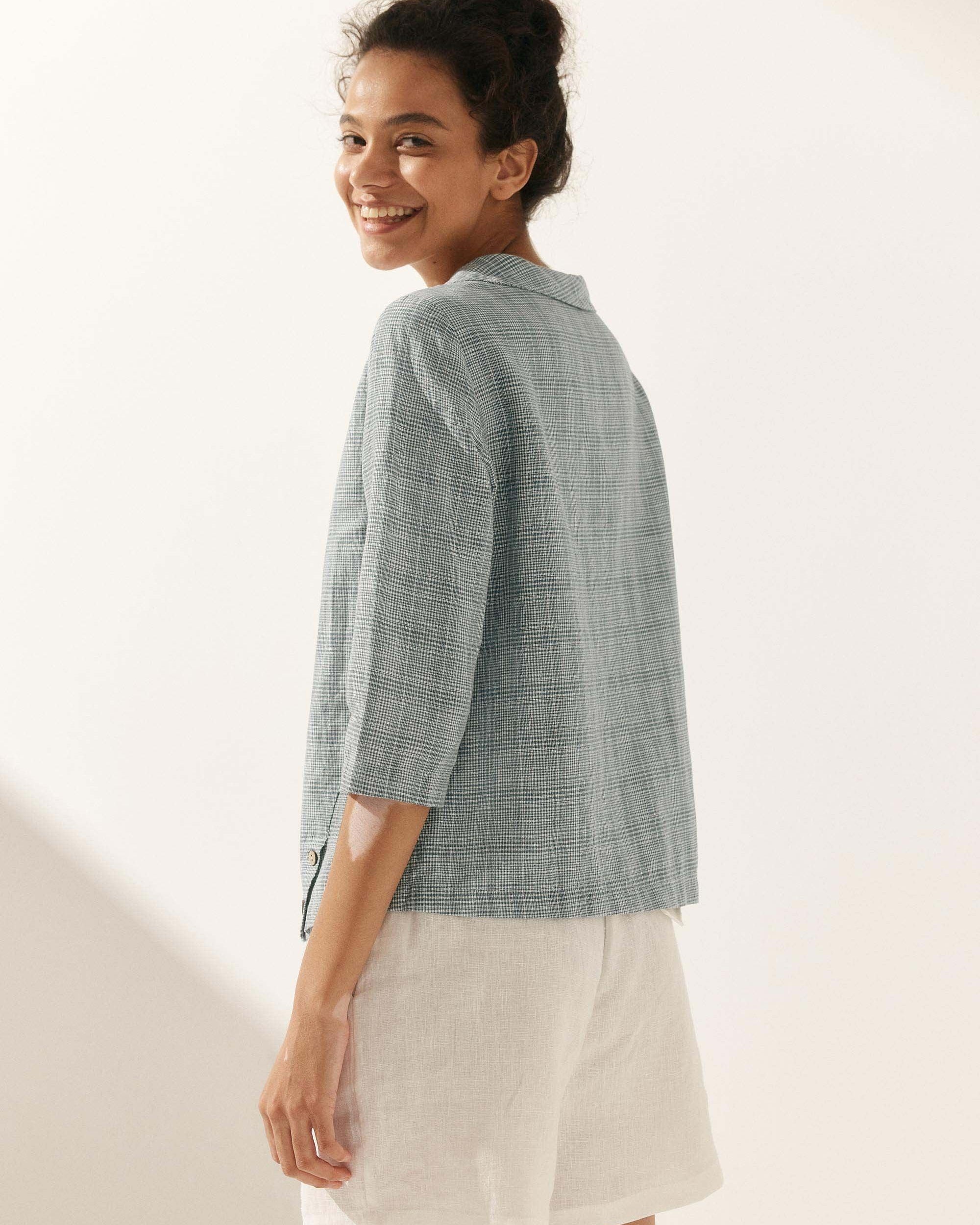 Linen Round Soft-Fold Collar Top ANAIS - TOPS-Linen Blouses