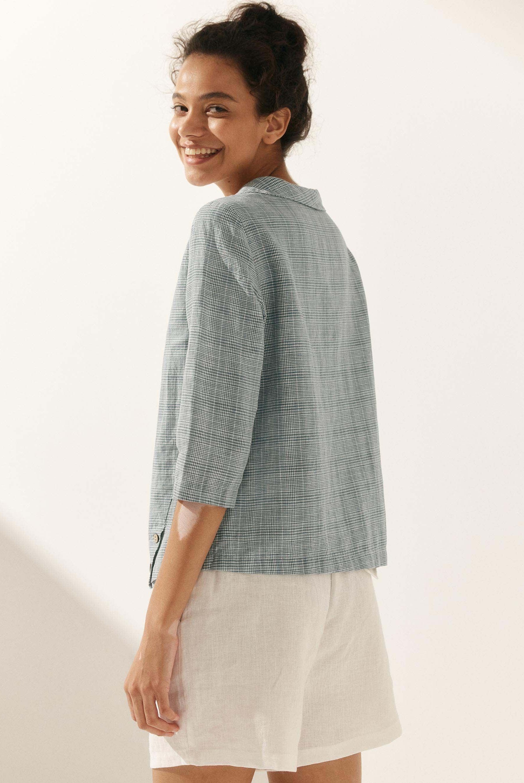 Linen Round Soft-Fold Collar Top ANAIS - TOPS-Linen Blouses