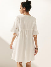 Linen Hollow Lace Stitching Dress - DRESSES-Linen Midi