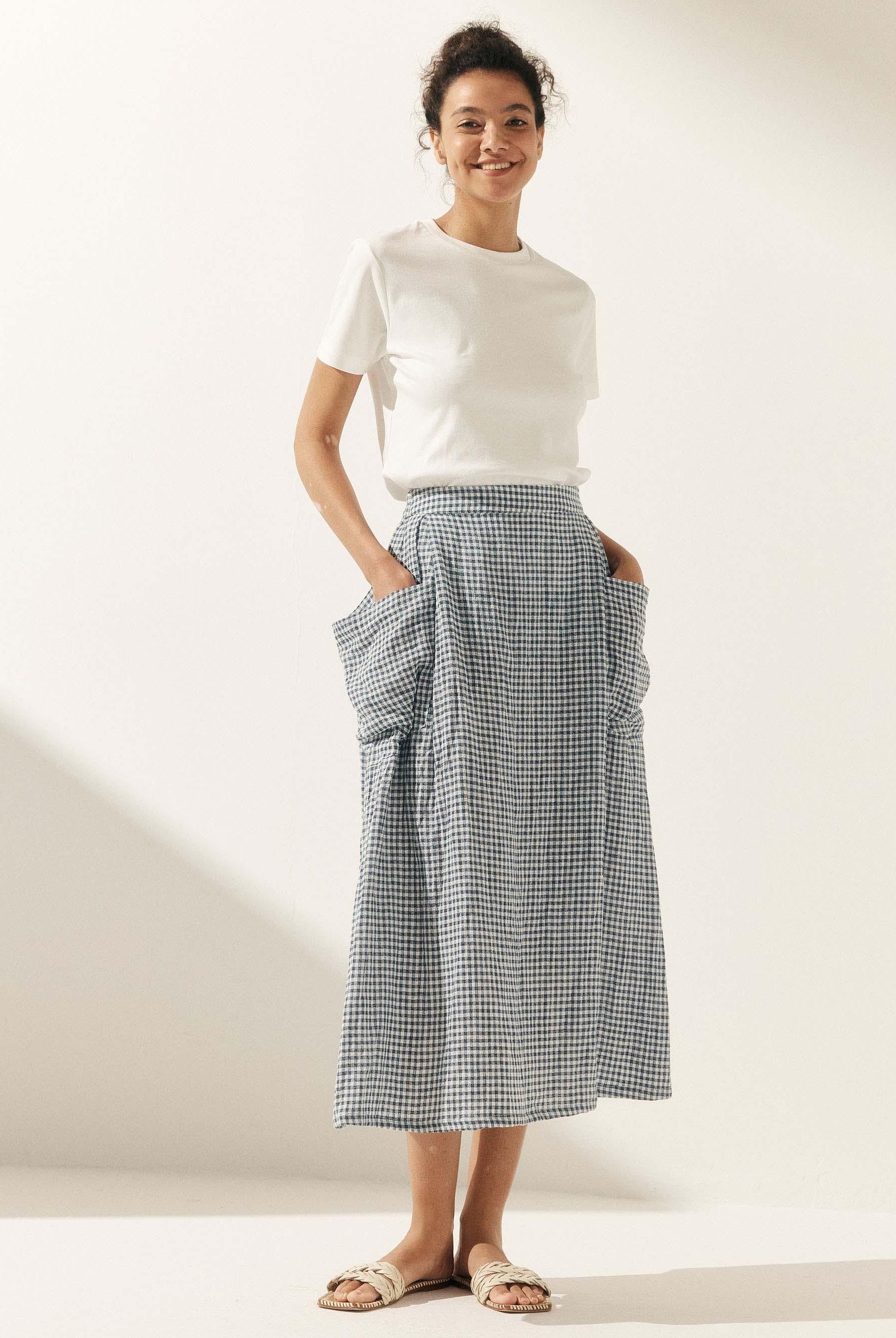 Linen Checked Elastic Waist Skirt - bottoms