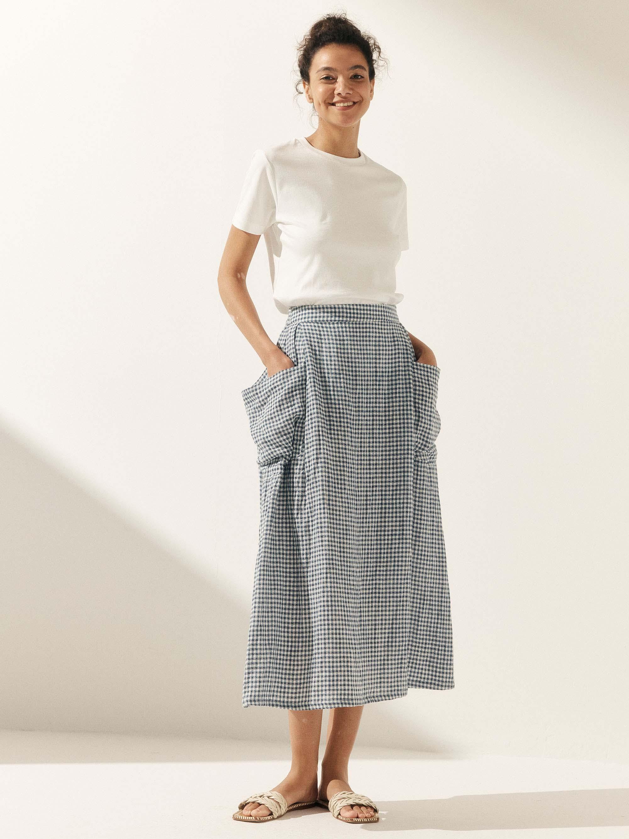 Linen Checked Elastic Waist Skirt - bottoms
