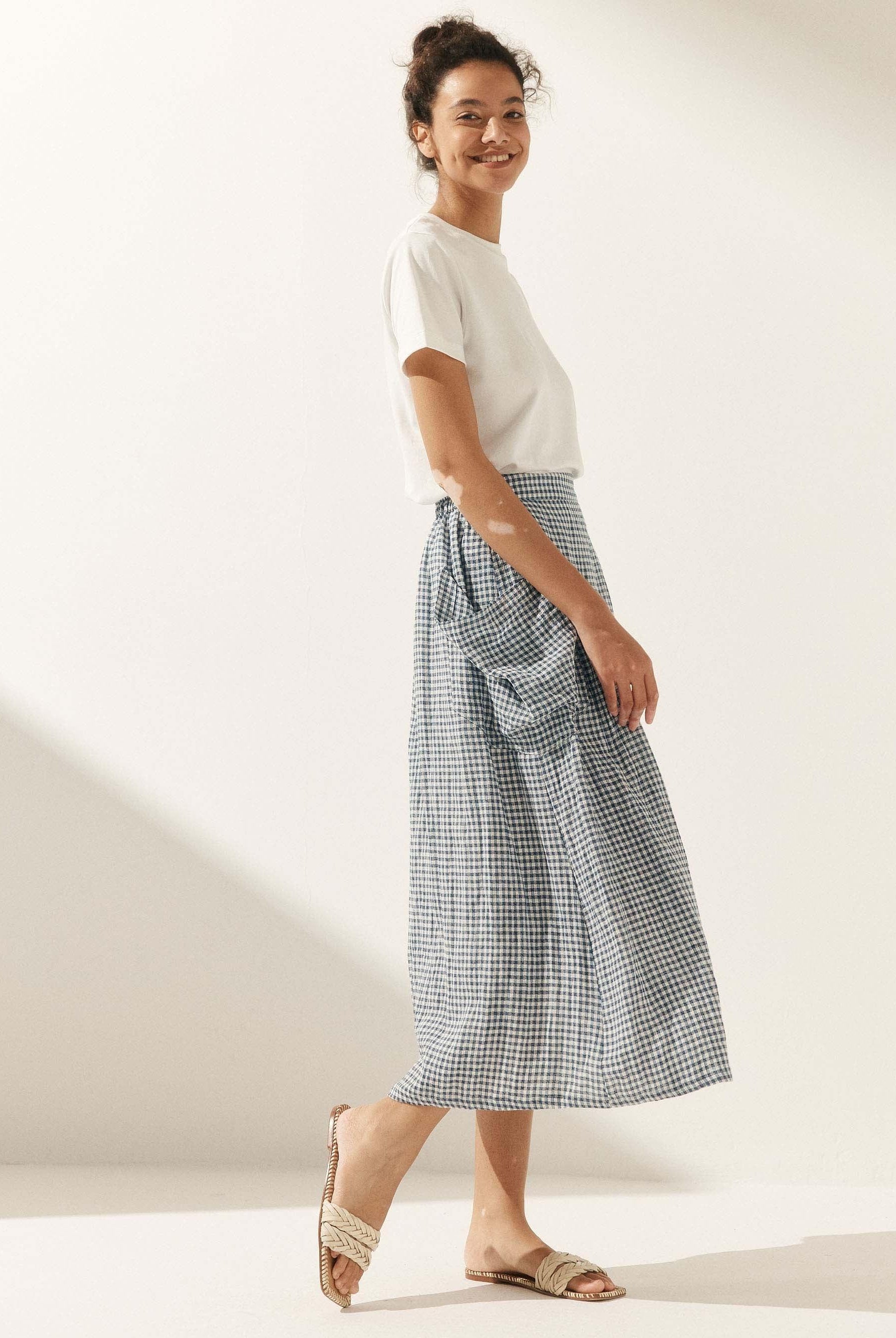 Linen Checked Elastic Waist Skirt - bottoms