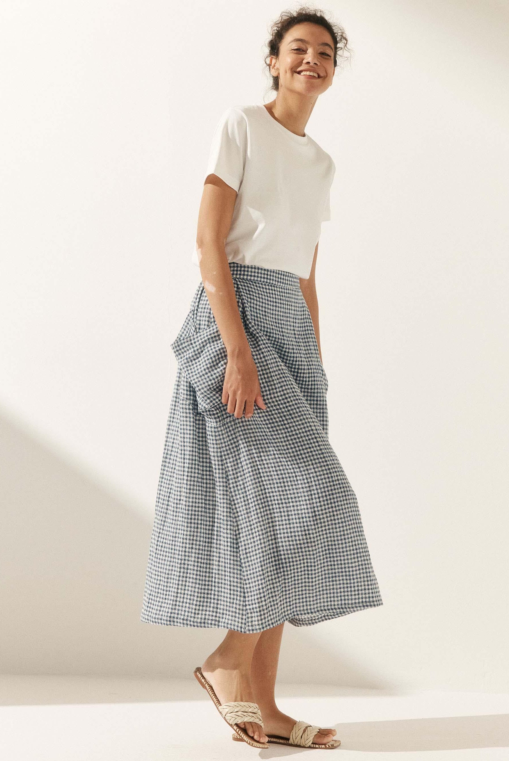 Linen Checked Elastic Waist Skirt - bottoms
