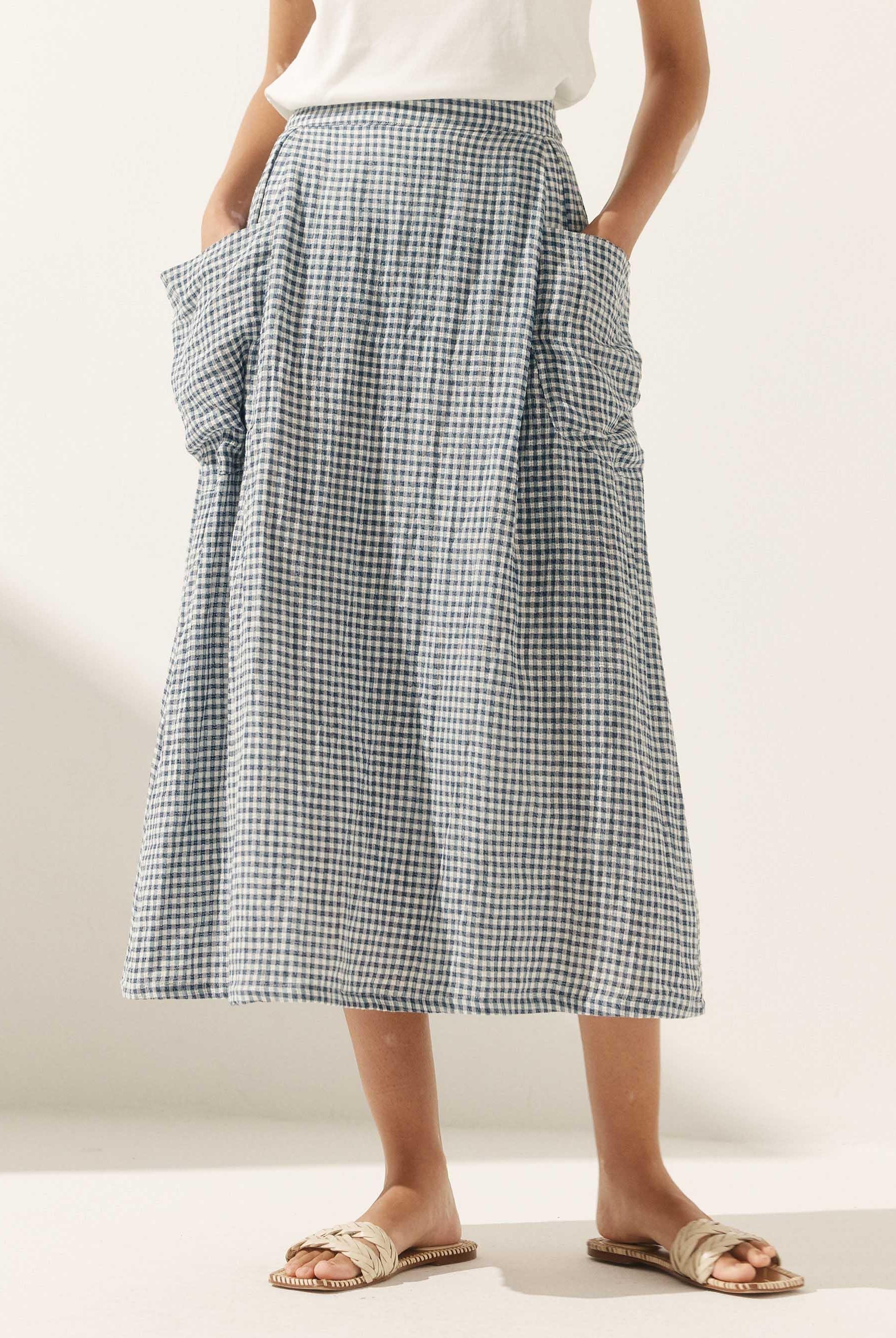 Linen Checked Elastic Waist Skirt - Ocean Cream / S - bottoms