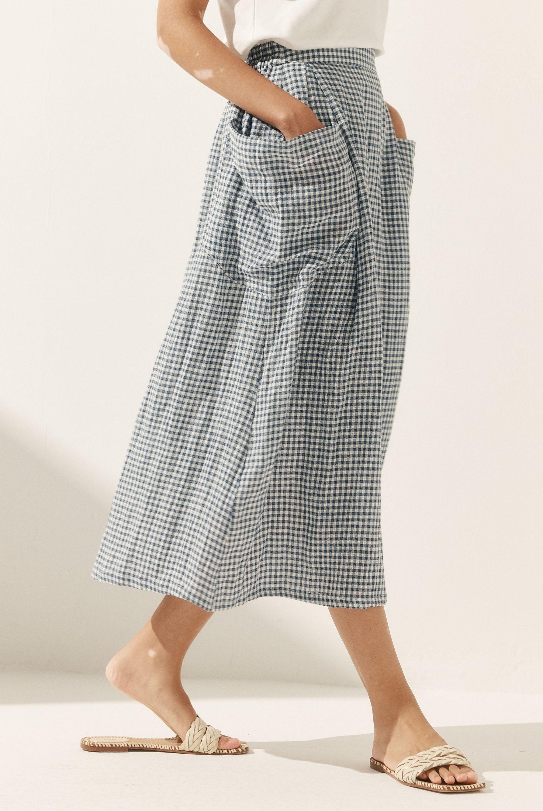 Linen Checked Elastic Waist Skirt - bottoms