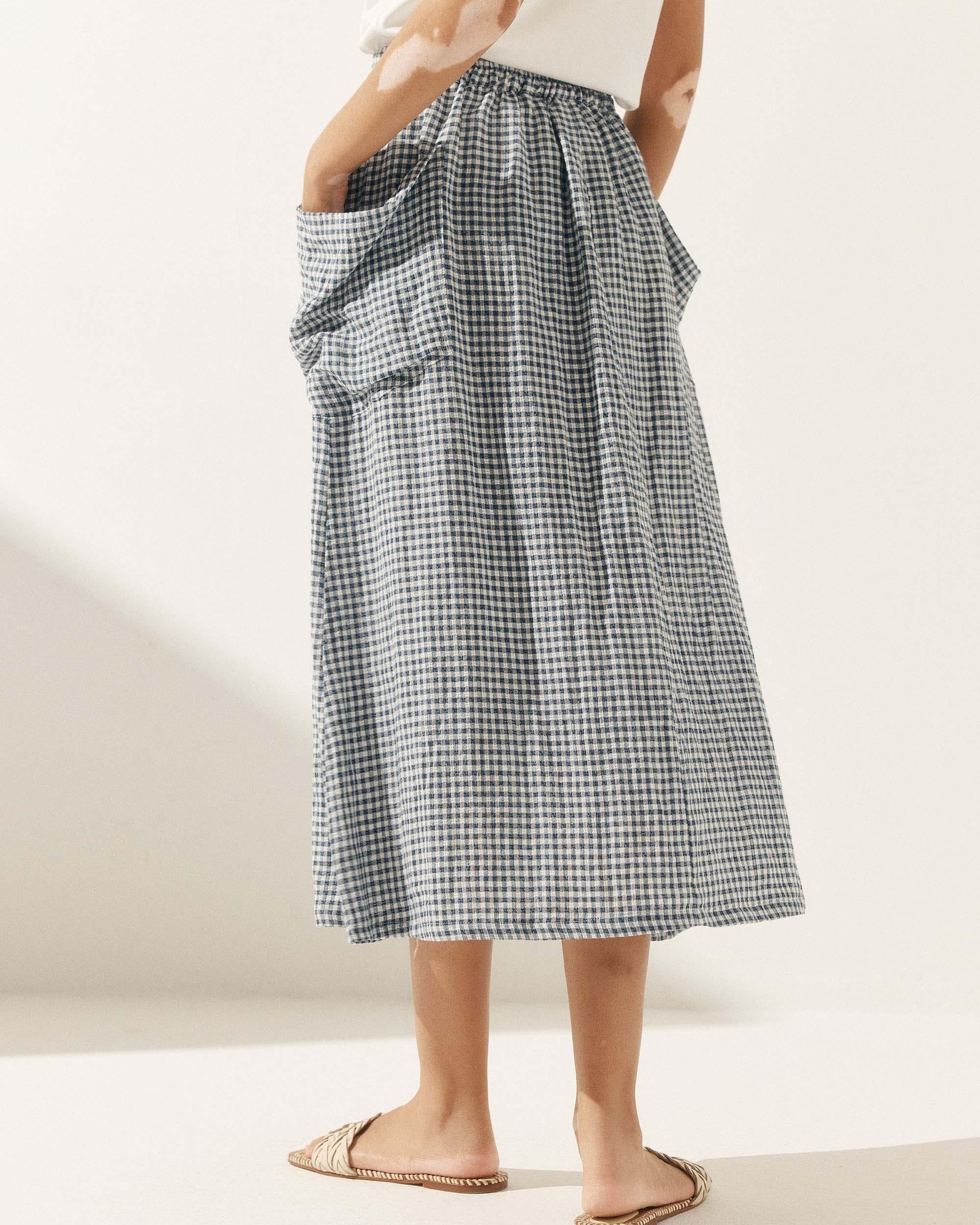 Linen Checked Elastic Waist Skirt - bottoms