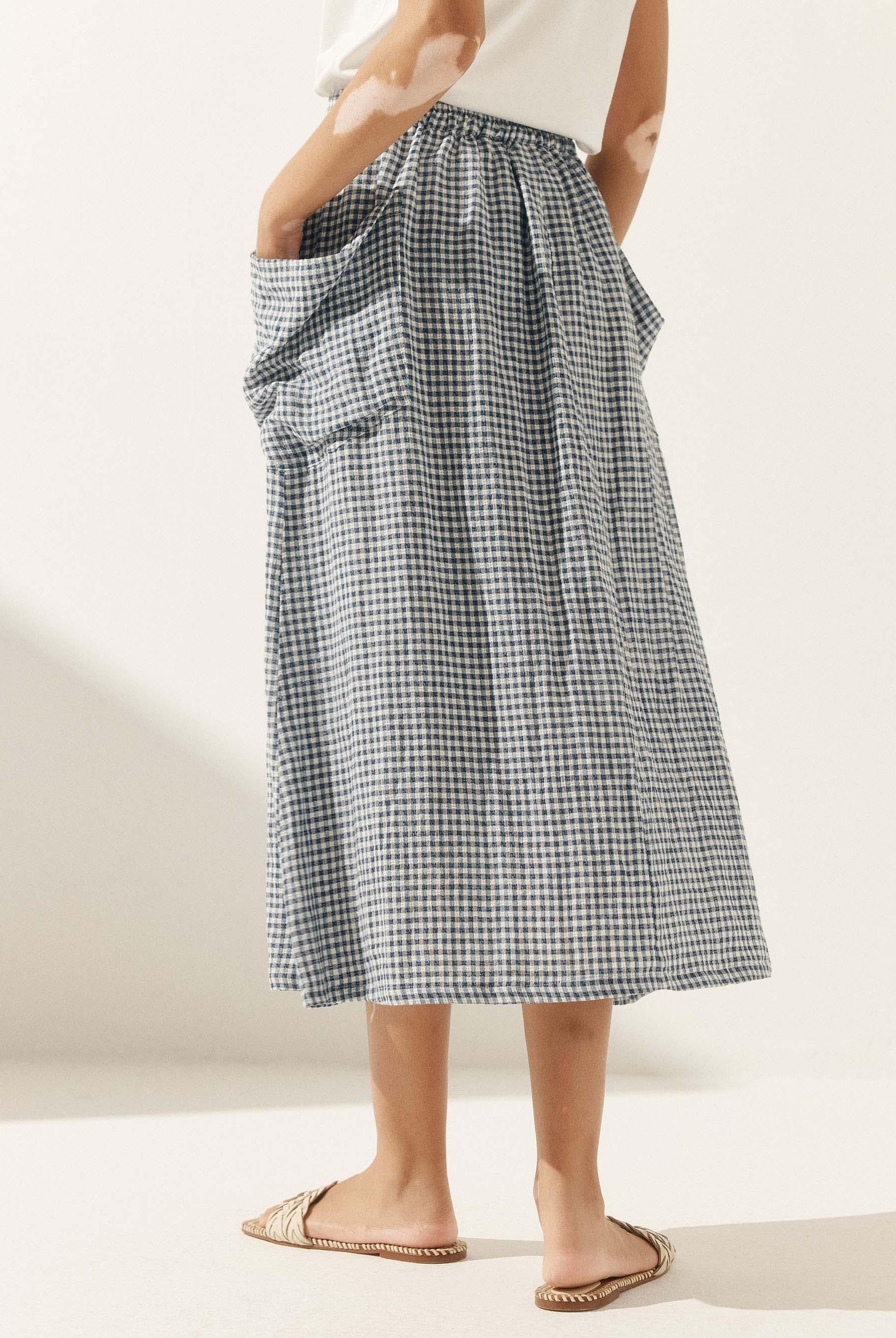 Linen Checked Elastic Waist Skirt - bottoms