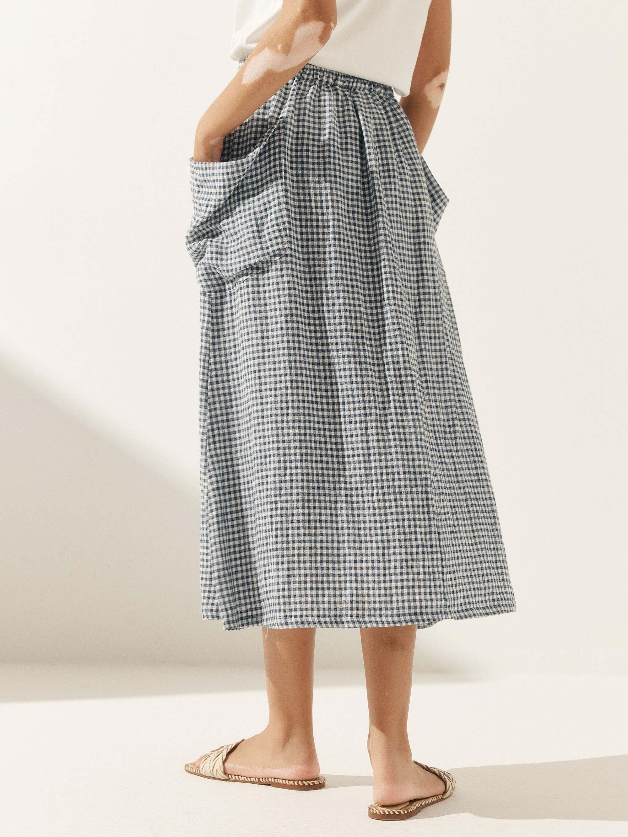 Linen Checked Elastic Waist Skirt - bottoms
