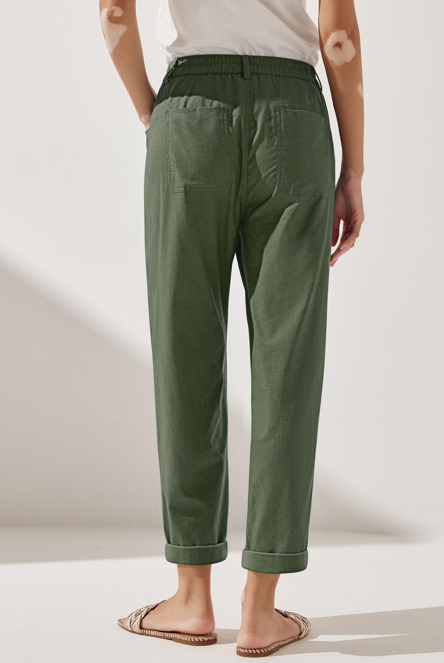 Linen Simple Checked Button Fly Trousers - BOTTOMS-Linen Pants