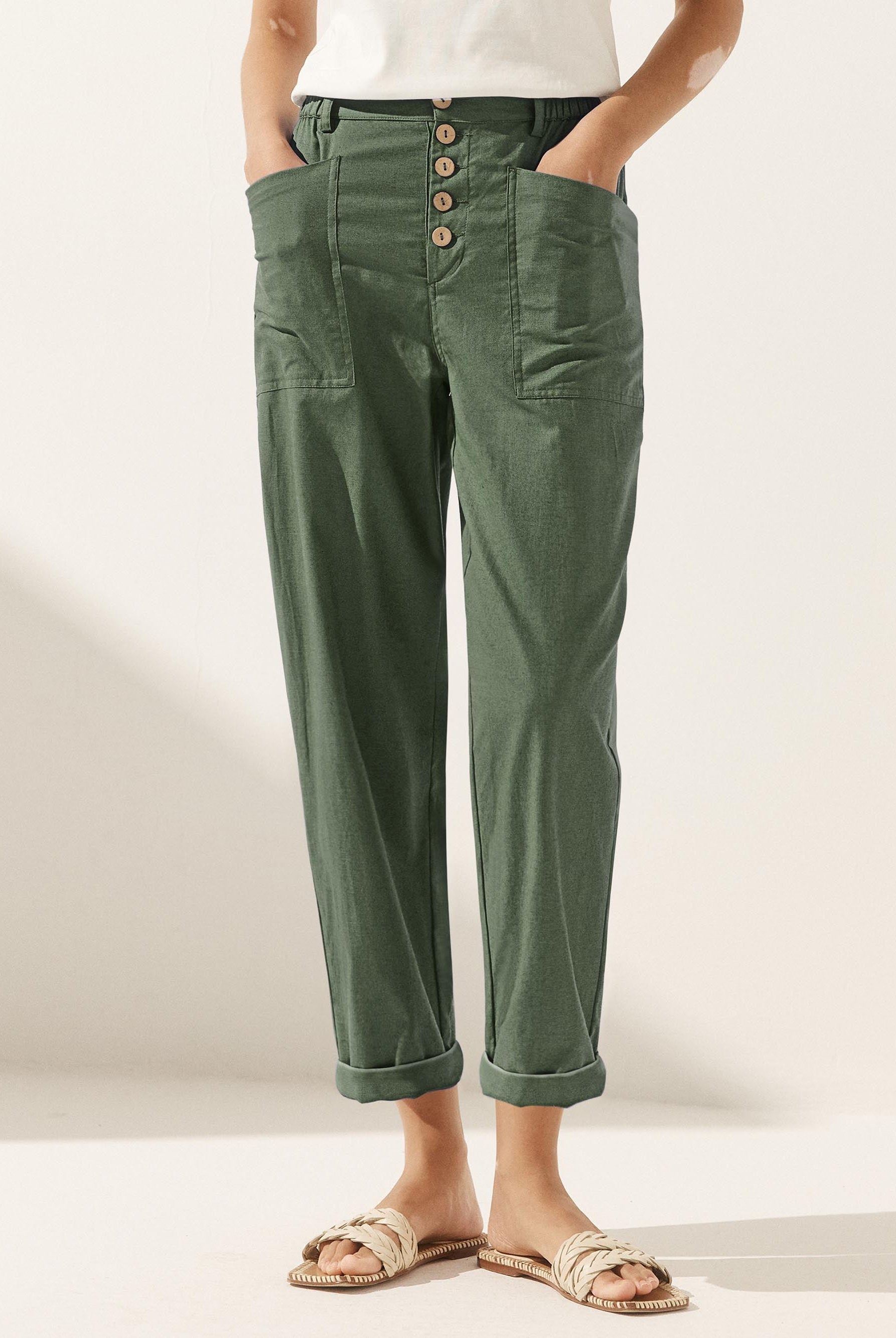 Linen Simple Checked Button Fly Trousers - BOTTOMS-Linen Pants