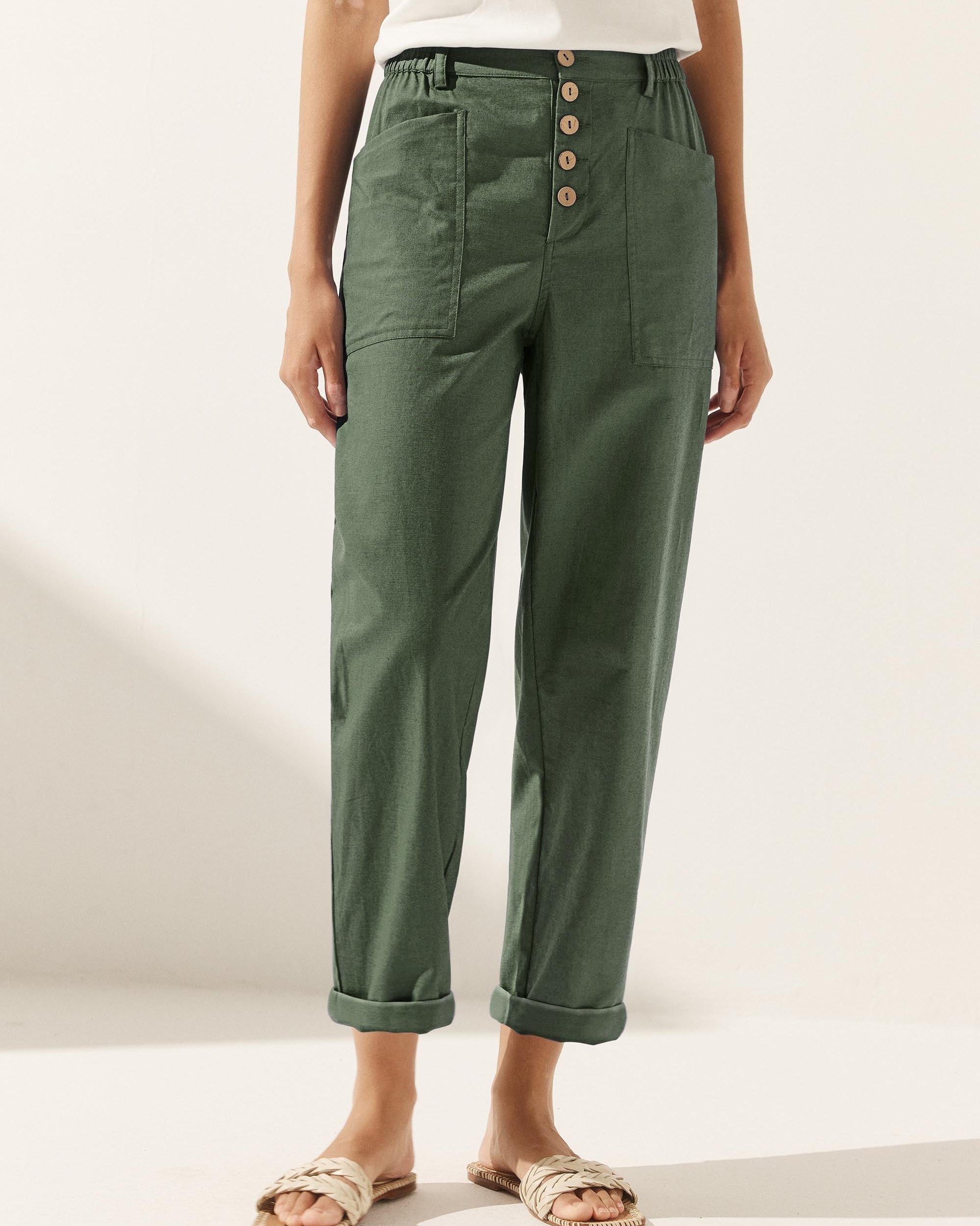 Linen Simple Button Fly Trousers HEIDI - Forest Green / XS - BOTTOMS-Linen Pants