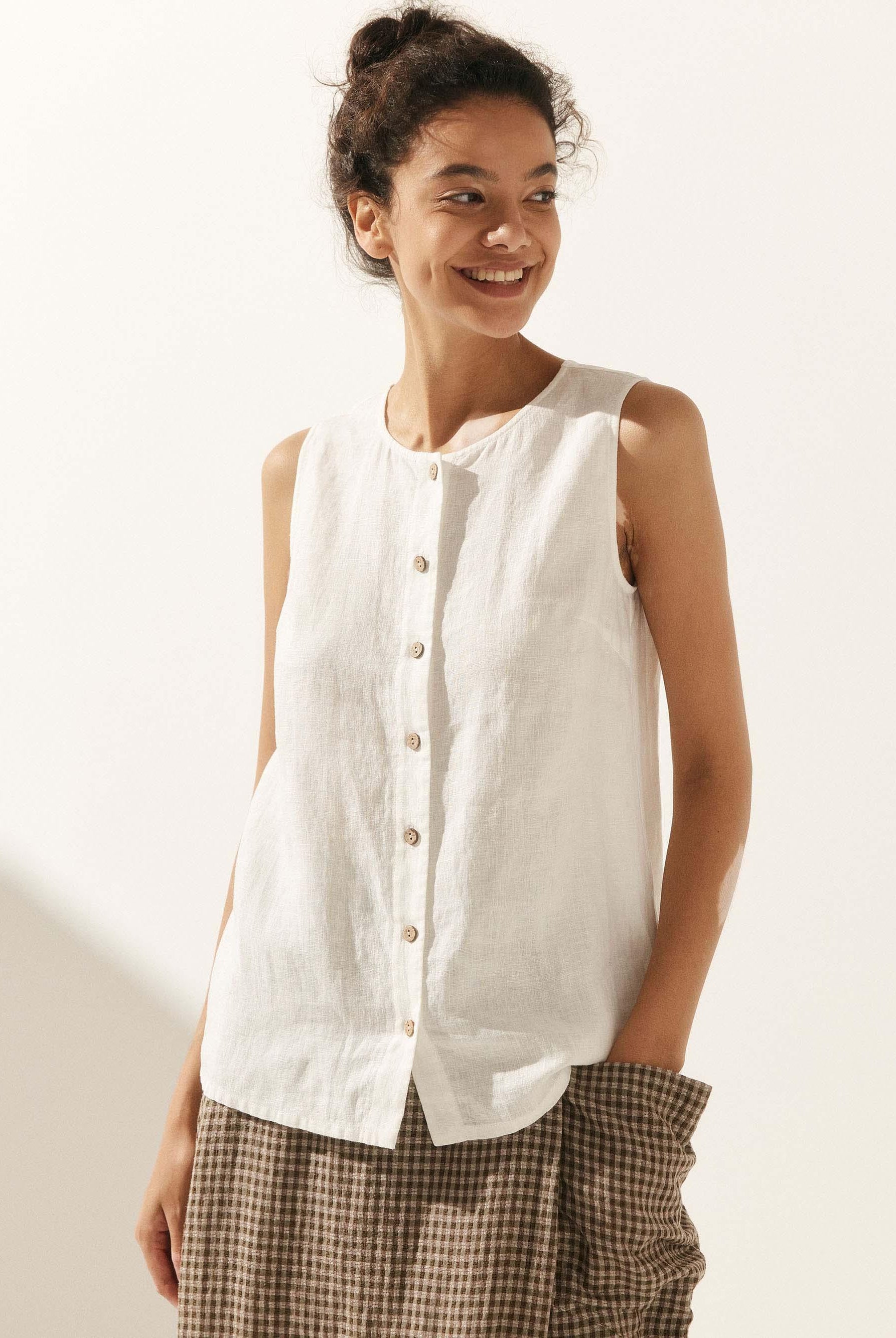 100% Linen Buttons Down Tank Top - TOPS-Linen Tanks