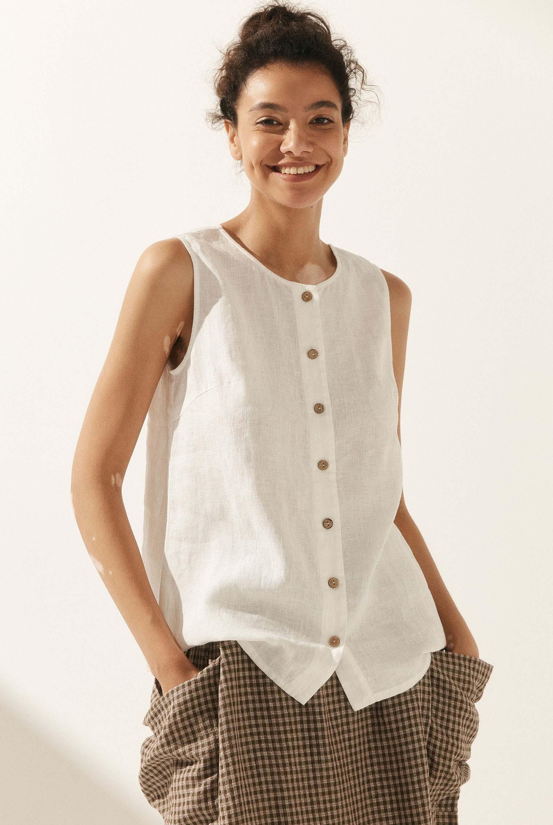 100% Linen Buttons Down Tank Top - Optic White / S - TOPS-Linen Tanks