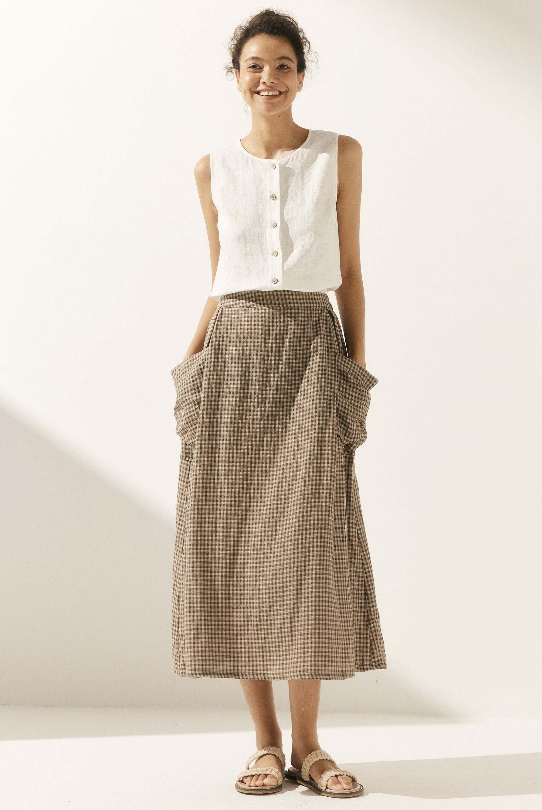 Linen Checked Elastic Waist Skirt - bottoms