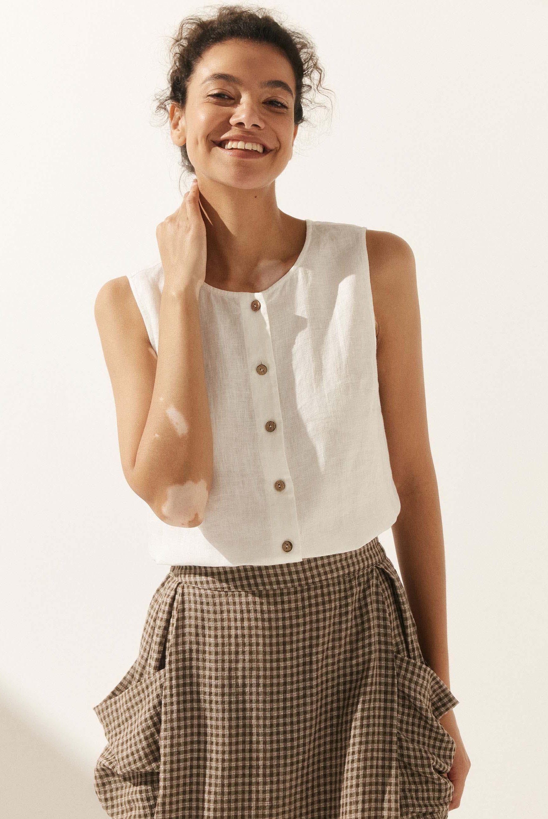 100% Linen Buttons Down Tank Top - TOPS-Linen Tanks