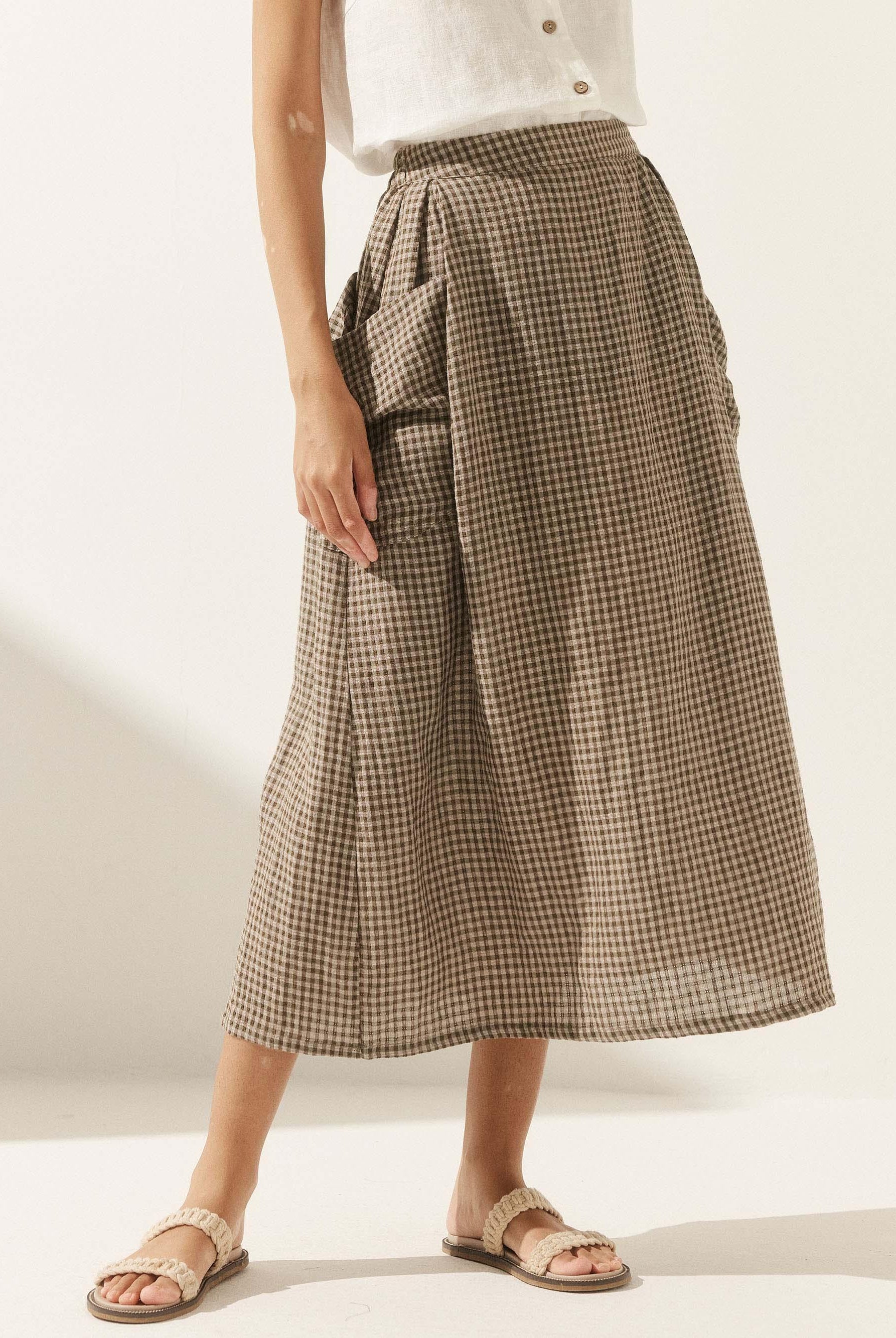 Linen Checked Elastic Waist Skirt - Chocolate / S - bottoms