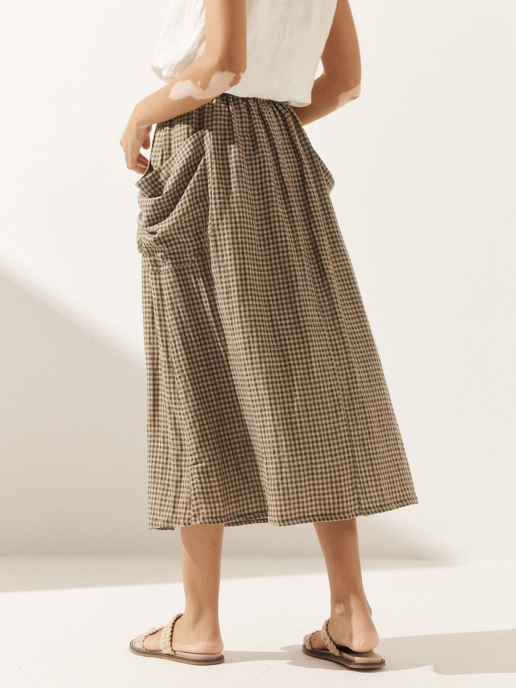 Linen Checked Elastic Waist Skirt - bottoms