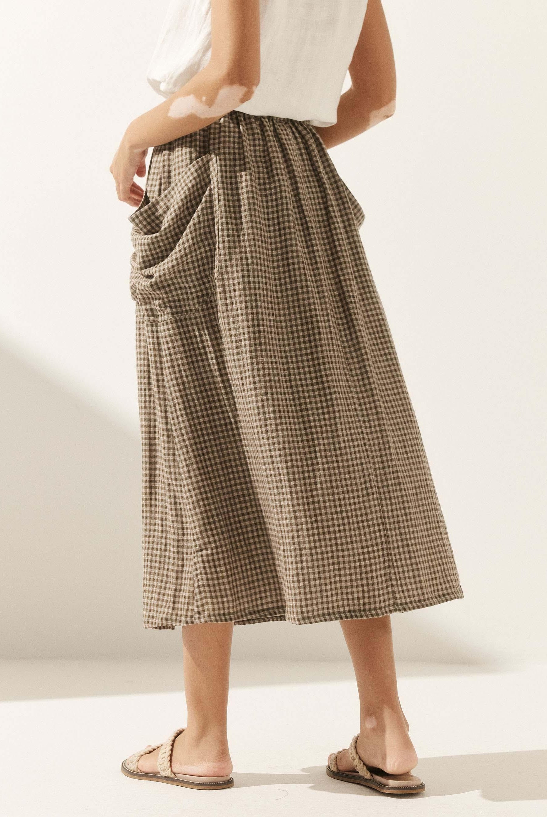 Linen Checked Elastic Waist Skirt - bottoms